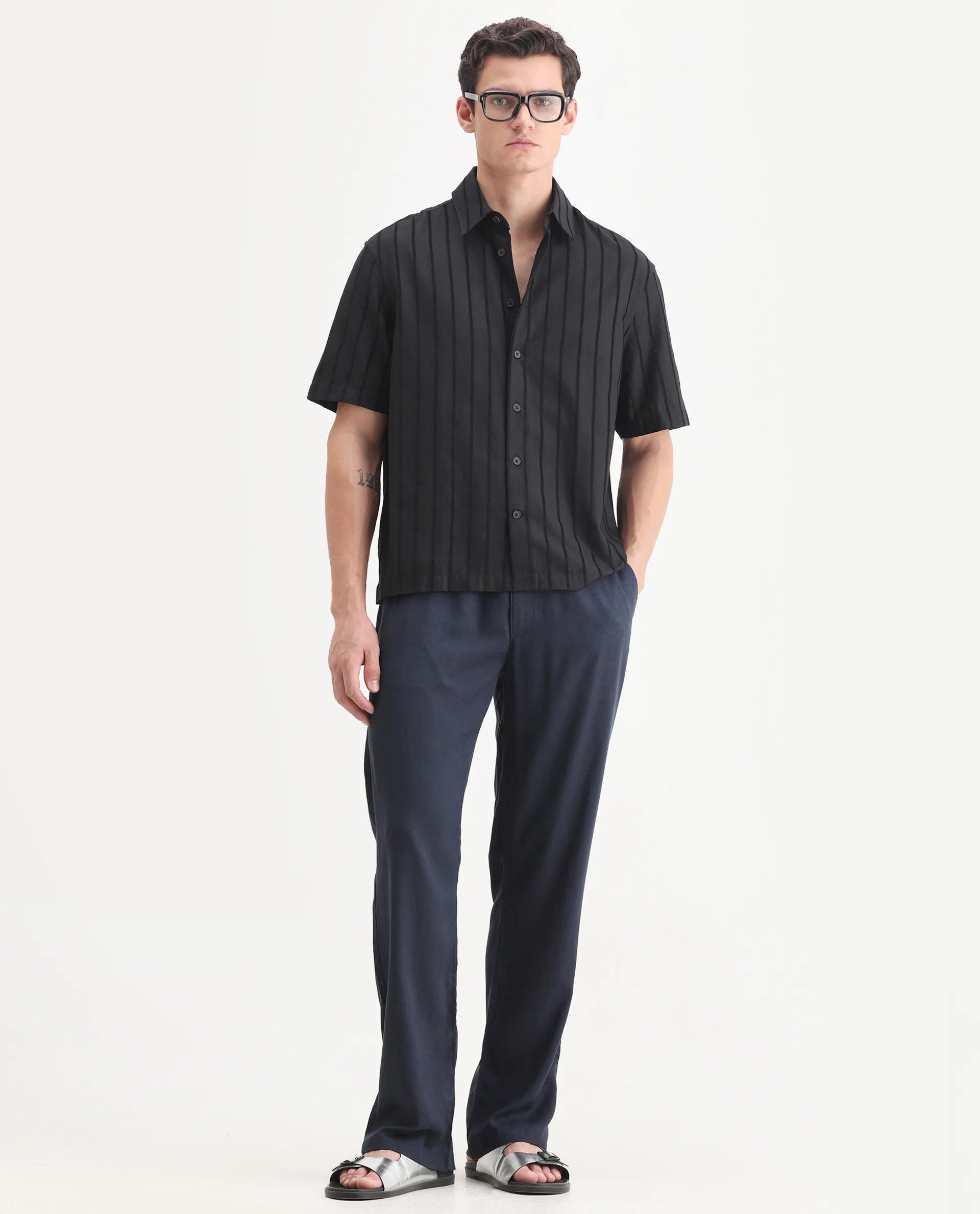 Rare Rabbit Men's Croy Black Polyester Striped Print Boxy Fit Half Sleeve Collared Shirt