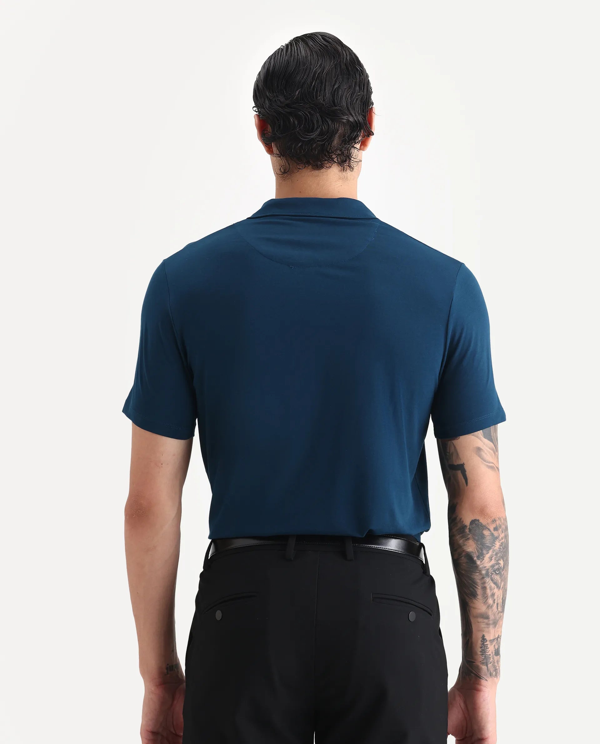 Rare Rabbit Men's Krib-1 Petrol Cotton Plain Regular Fit Half Sleeve Polo