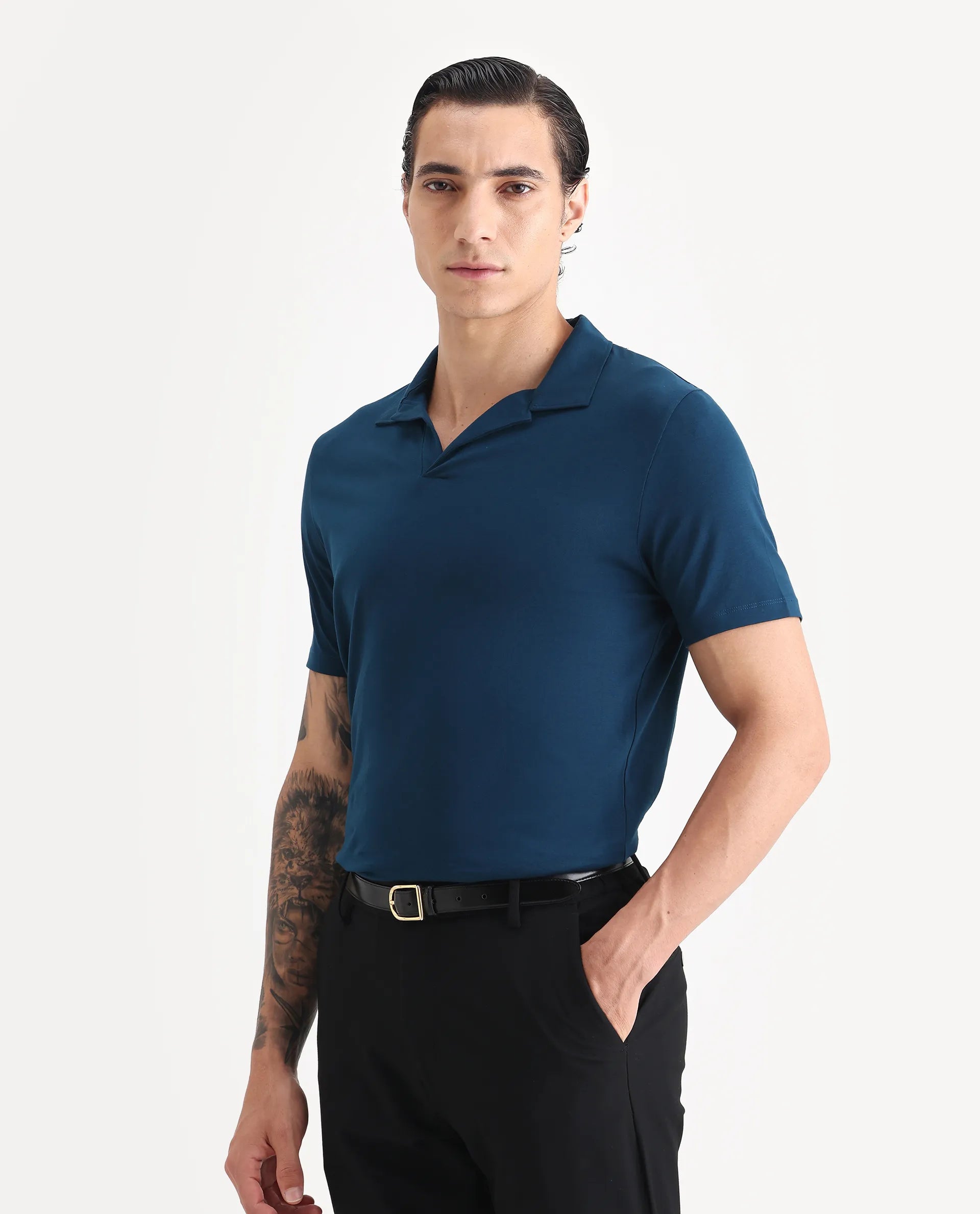 Rare Rabbit Men's Krib-1 Petrol Cotton Plain Regular Fit Half Sleeve Polo