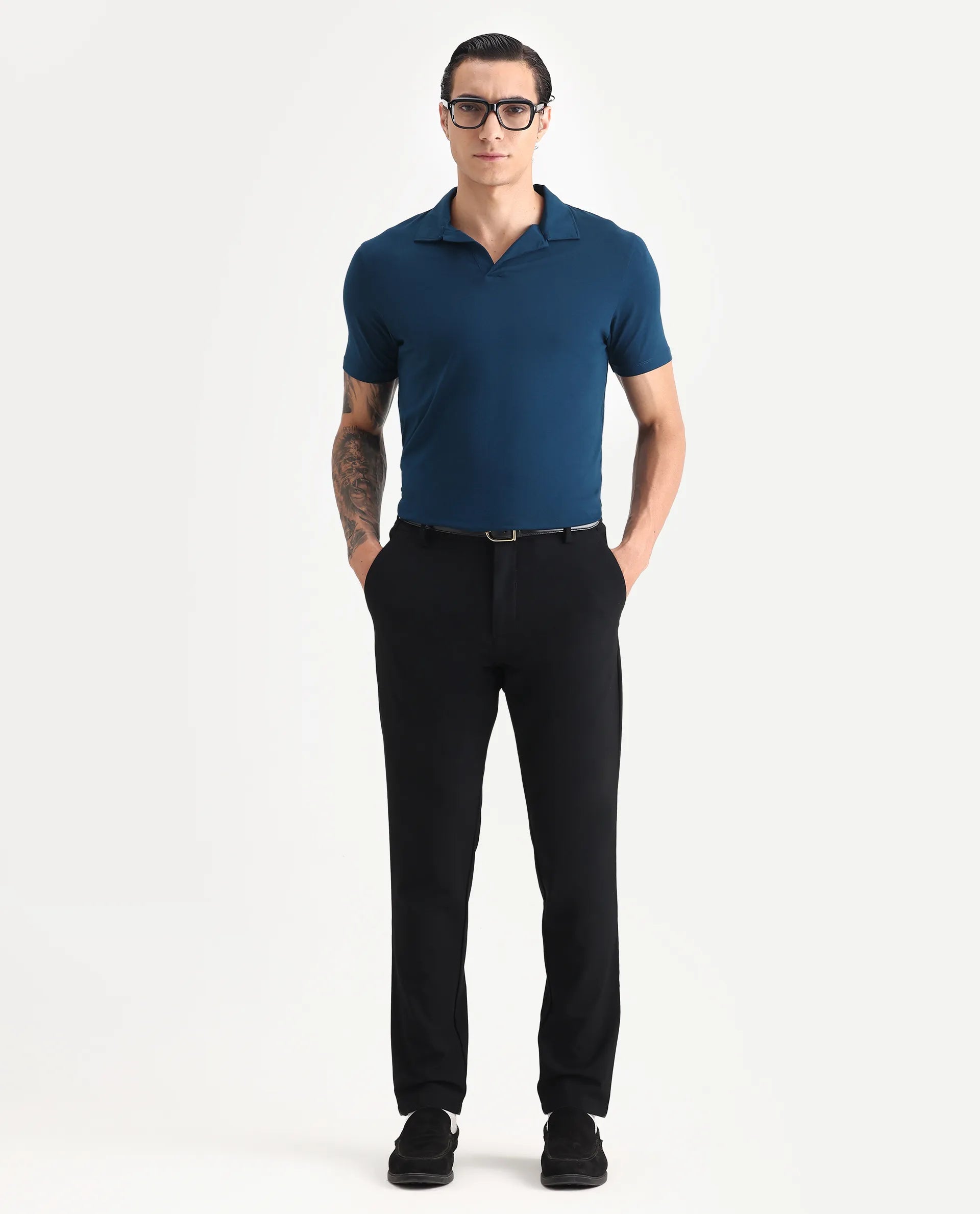 Rare Rabbit Men's Krib-1 Petrol Cotton Plain Regular Fit Half Sleeve Polo