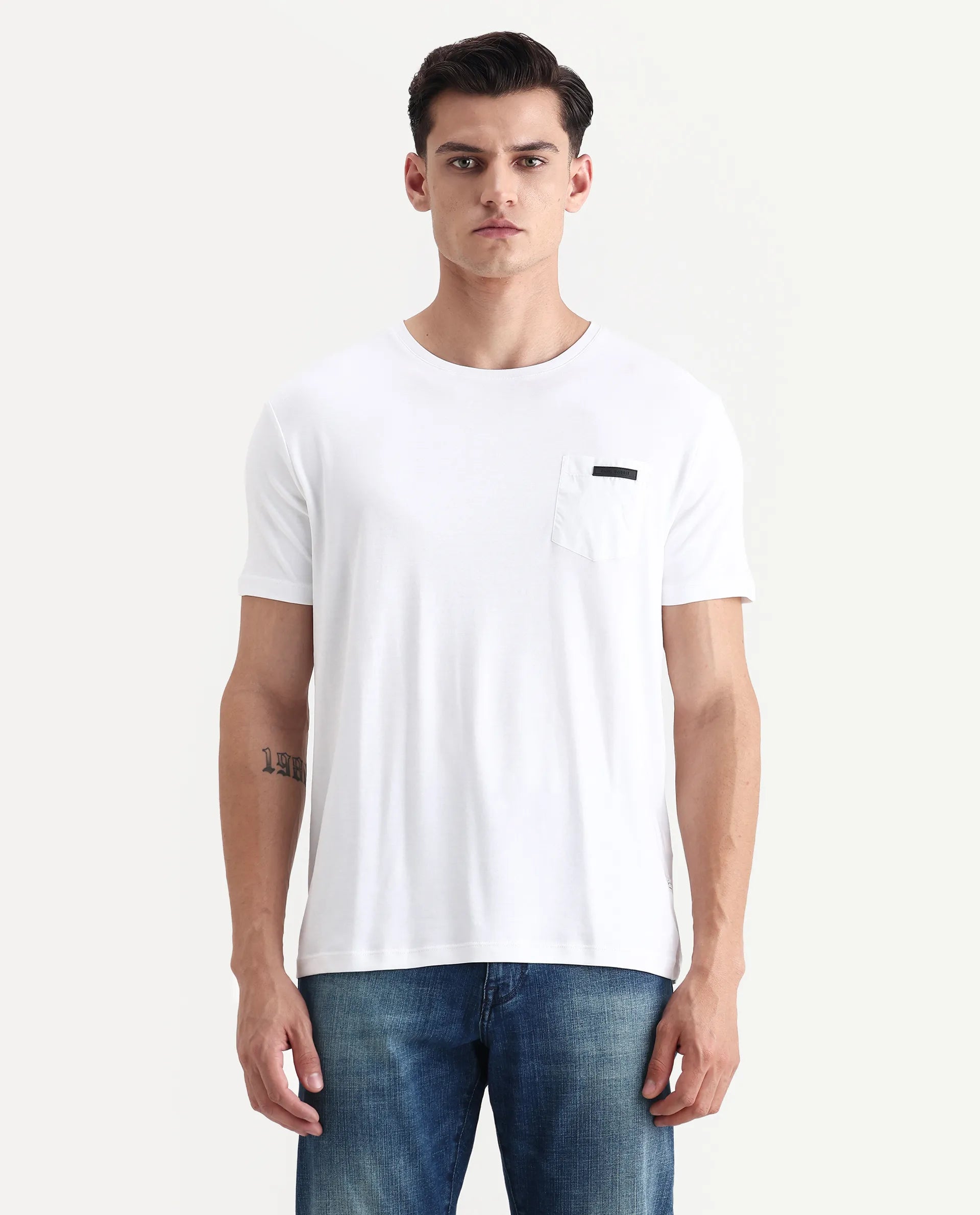 Rare Rabbit Men's Azul White Cotton Plain Slim Fit Half Sleeve Crew Neck T-Shirt