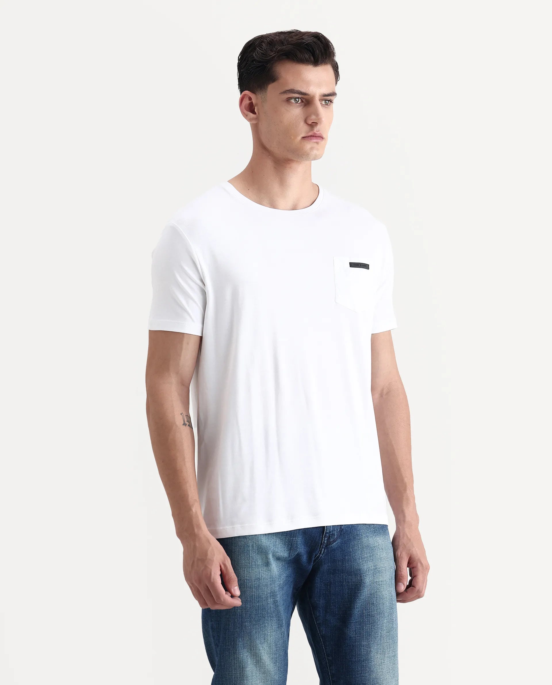 Rare Rabbit Men's Azul White Cotton Plain Slim Fit Half Sleeve Crew Neck T-Shirt