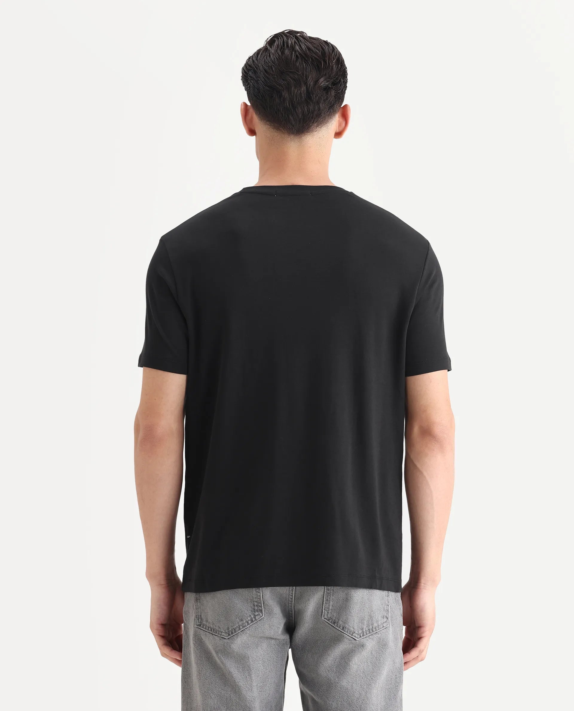 Rare Rabbit Men's Gis-1 Black Cotton Plain Slim Fit Half Sleeve Crew Neck T-Shirt