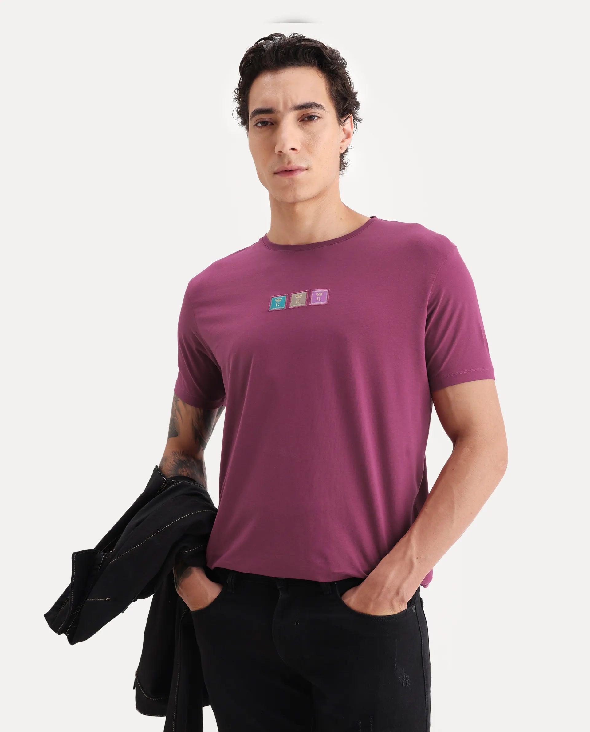 Rare Rabbit Men's Palp Dark Pink Cotton Embroidered Slim Fit Half Sleeve Crew Neck T-Shirt