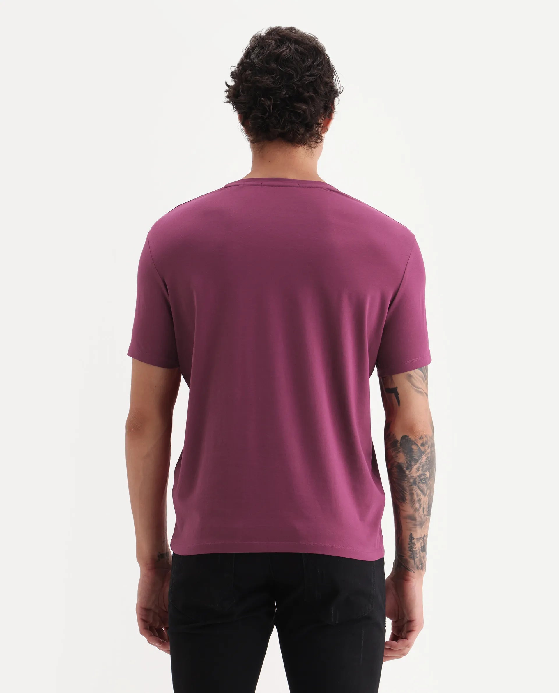 Rare Rabbit Men's Palp Dark Pink Cotton Embroidered Slim Fit Half Sleeve Crew Neck T-Shirt