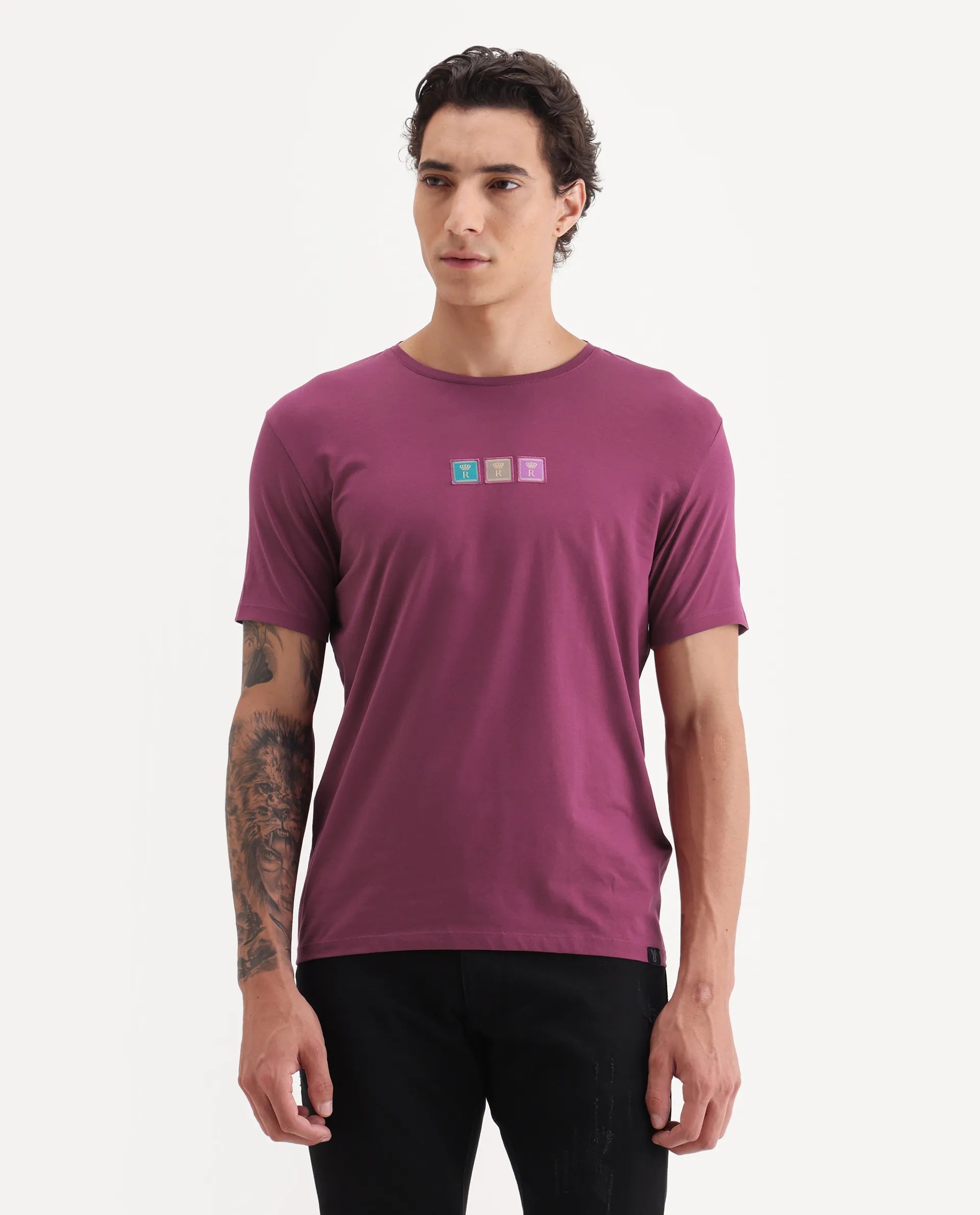 Rare Rabbit Men's Palp Dark Pink Cotton Embroidered Slim Fit Half Sleeve Crew Neck T-Shirt