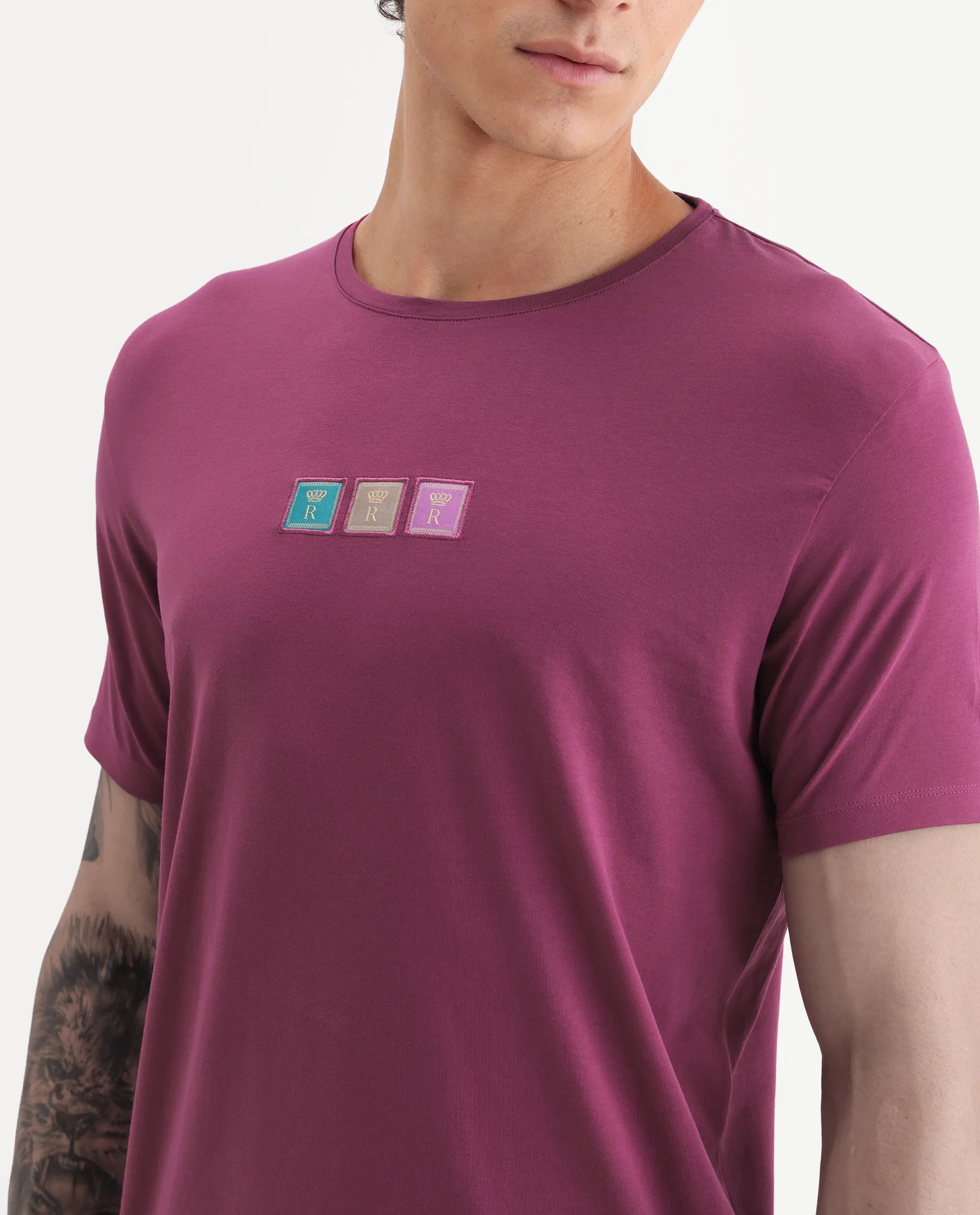 Rare Rabbit Men's Palp Dark Pink Cotton Embroidered Slim Fit Half Sleeve Crew Neck T-Shirt