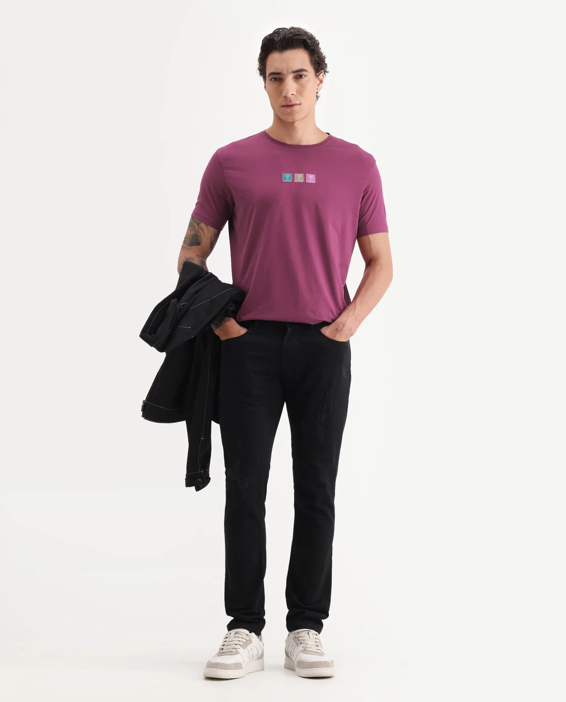 Rare Rabbit Men's Palp Dark Pink Cotton Embroidered Slim Fit Half Sleeve Crew Neck T-Shirt