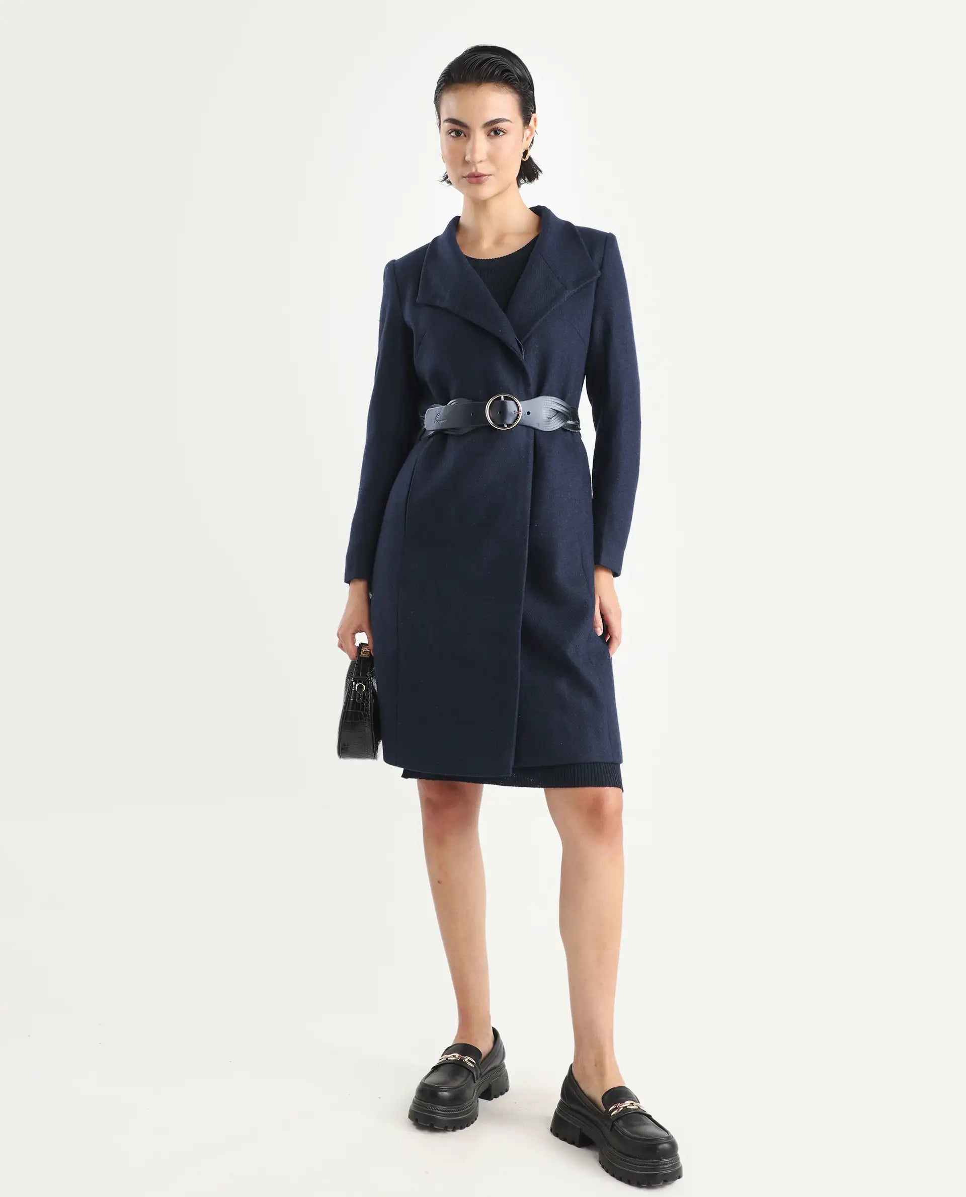 Rareism Women's Monch Navy Overlap Neck Plain Midi Boxy Fit Jacket