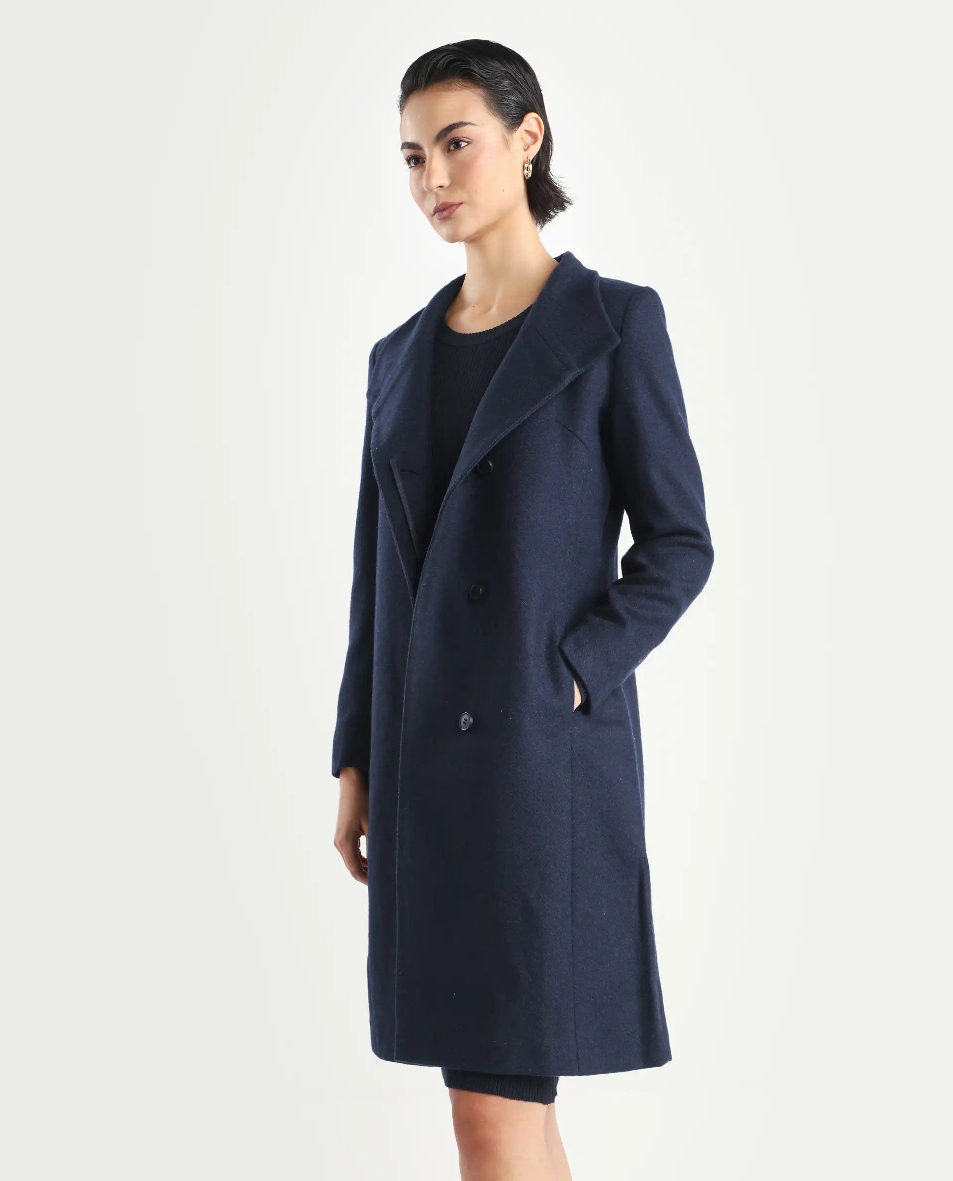 Rareism Women's Monch Navy Overlap Neck Plain Midi Boxy Fit Jacket