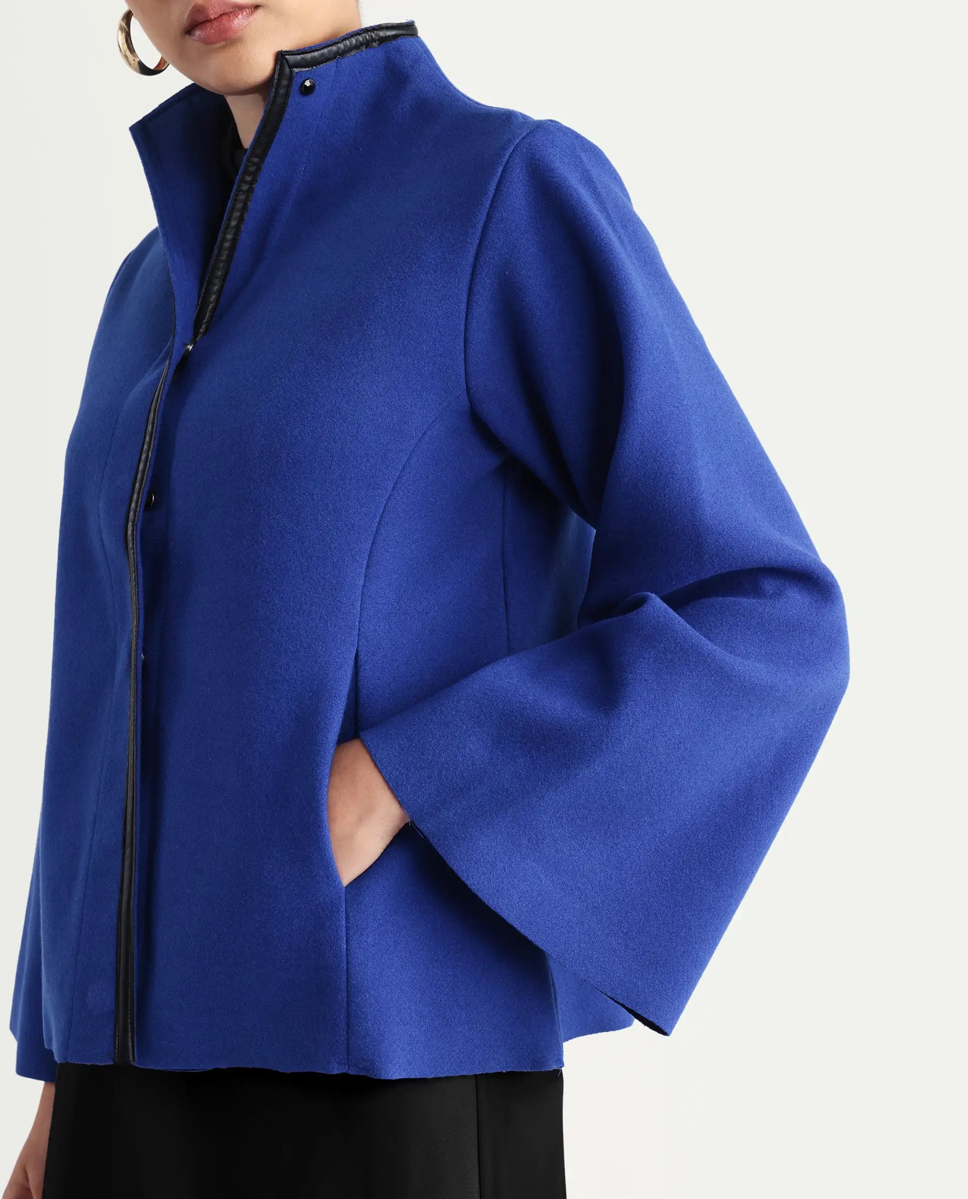 Rareism Women's Kraus Blue Polyester High Neck Plain Bell Sleeve Regular Fit Jacket