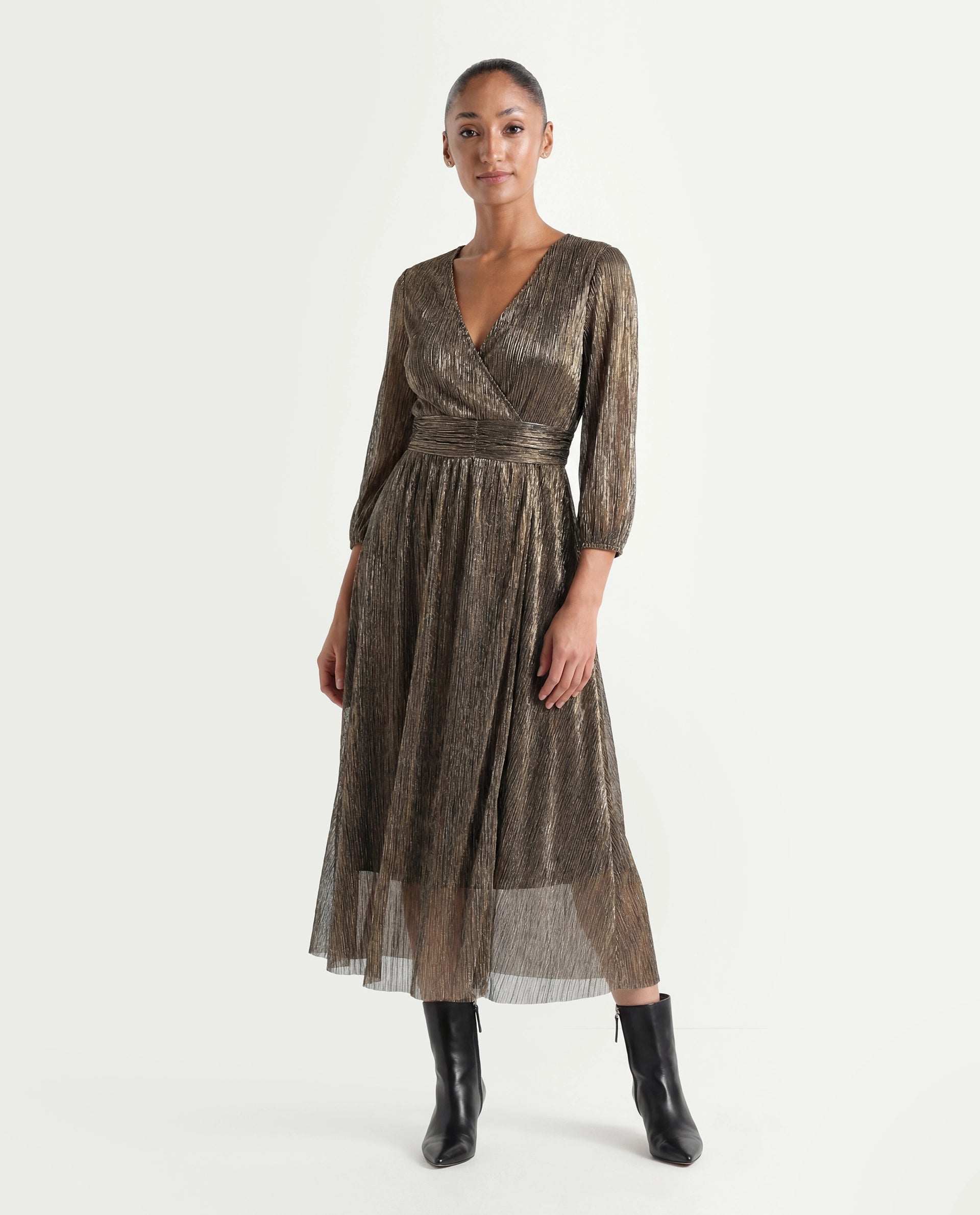 Rareism Women's Daso Metalic Gold Polyester Overlap Neck Shimmer Balloon Sleeve Midi Fit And Flare Dress