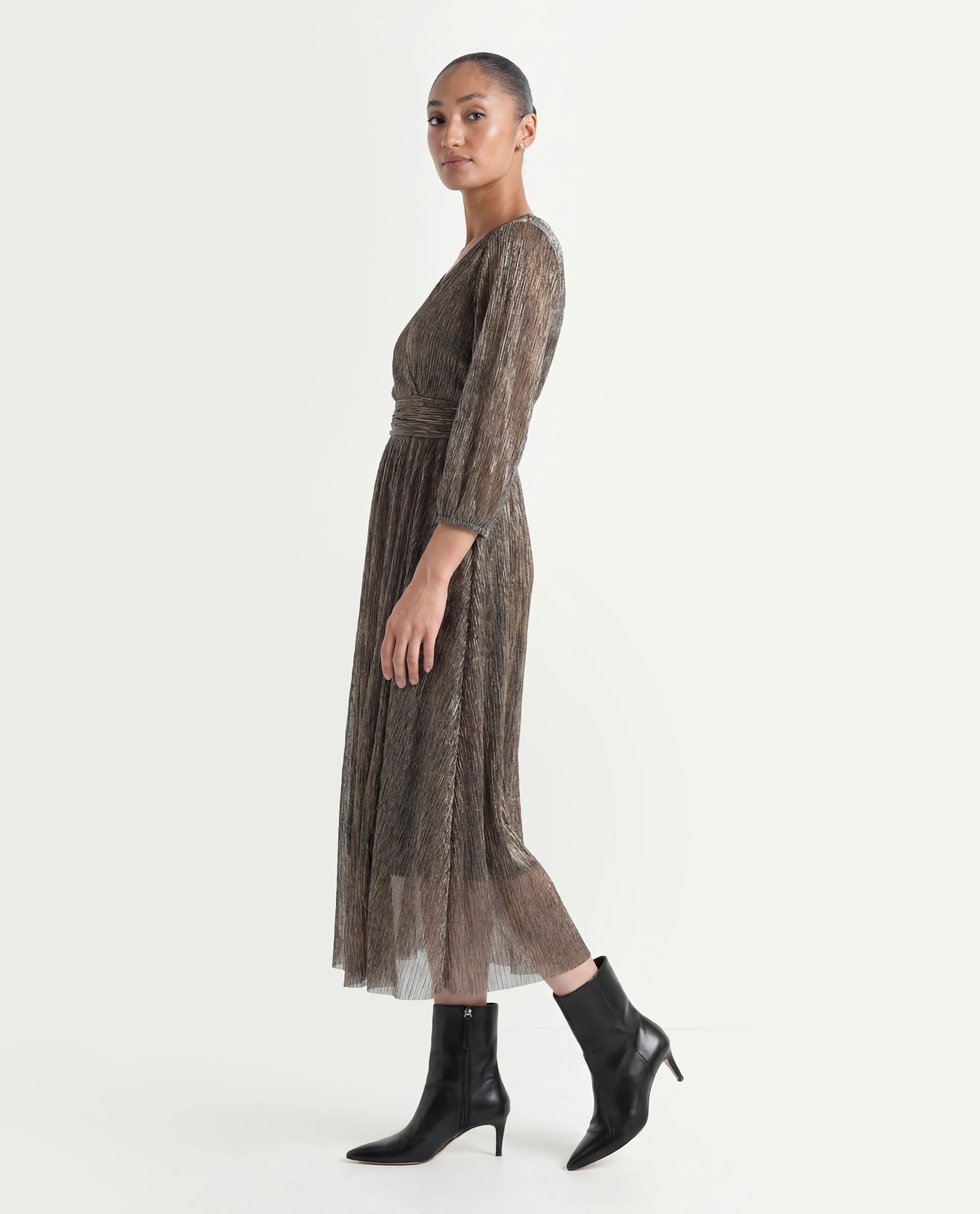 Rareism Women's Daso Metalic Gold Polyester Overlap Neck Shimmer Balloon Sleeve Midi Fit And Flare Dress