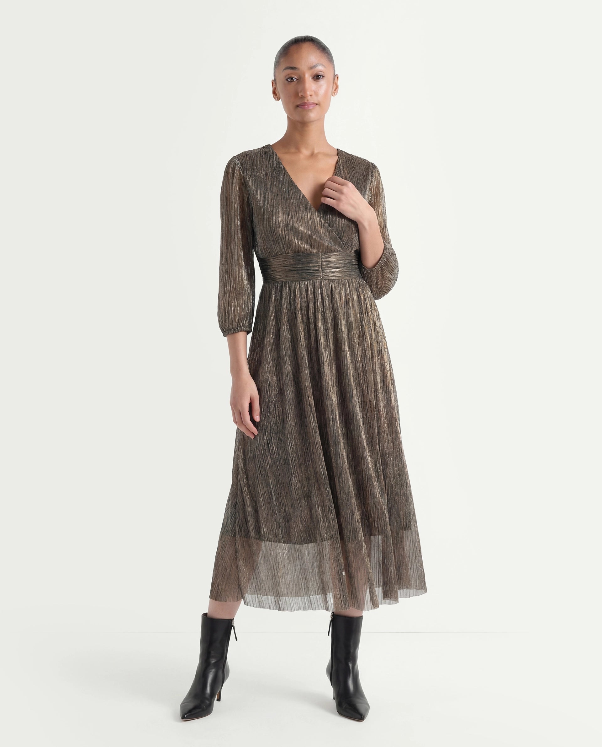 Rareism Women's Daso Metalic Gold Polyester Overlap Neck Shimmer Balloon Sleeve Midi Fit And Flare Dress