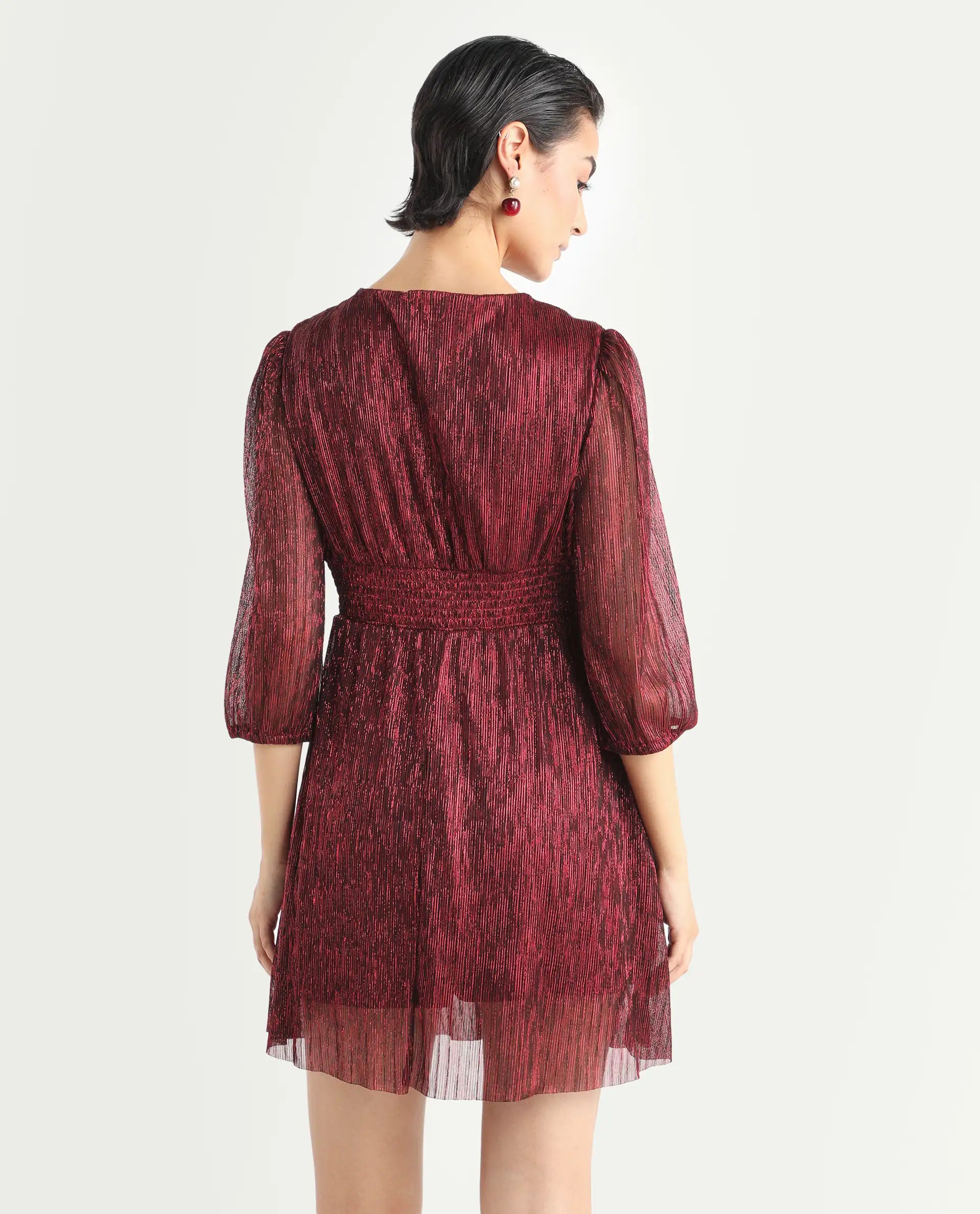 Rareism Women's Ravin Metalic Red Polyester Collarless Floral Print Balloon Sleeve Mini Fit And Flare Dress