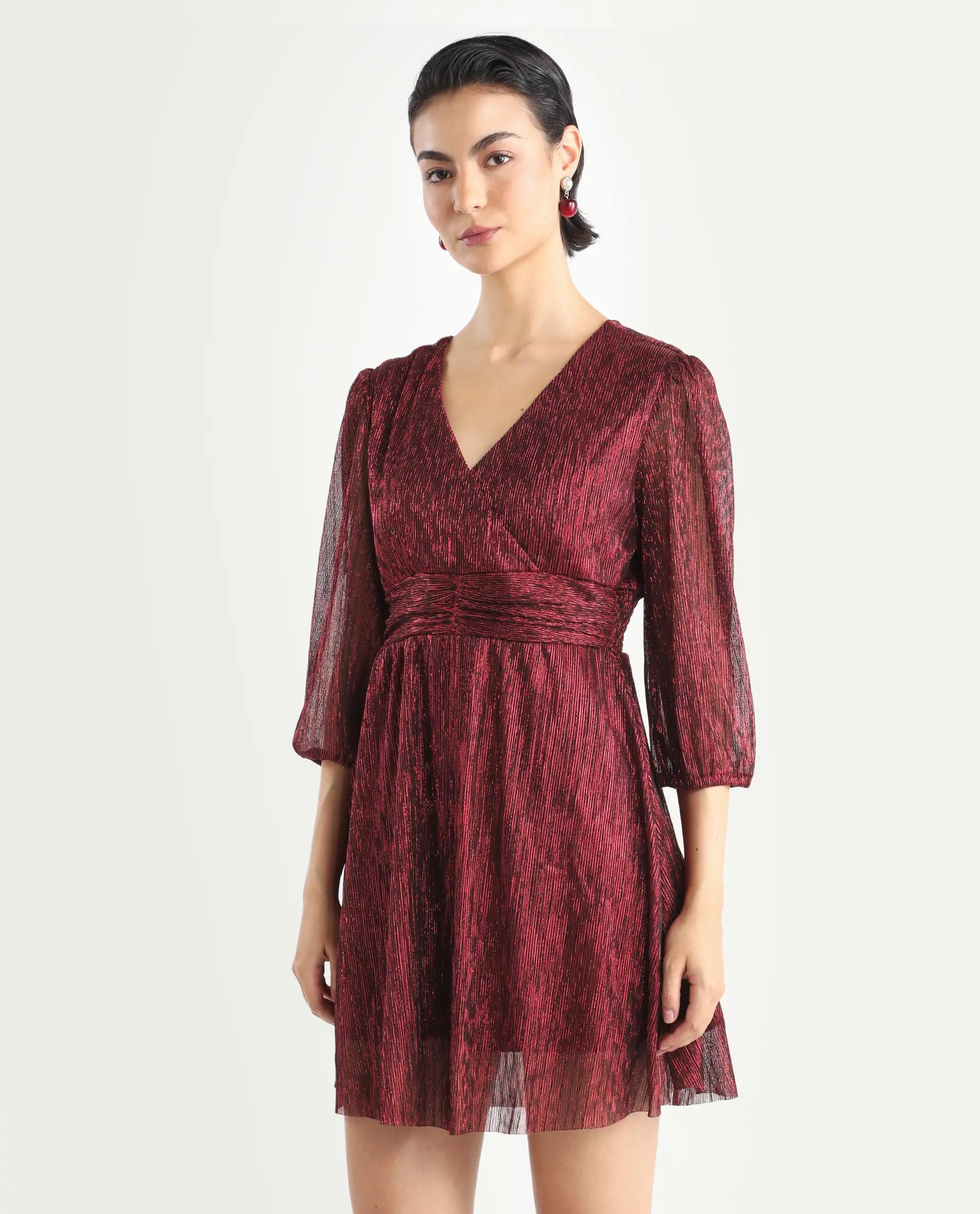 Rareism Women's Ravin Metalic Red Polyester Collarless Floral Print Balloon Sleeve Mini Fit And Flare Dress