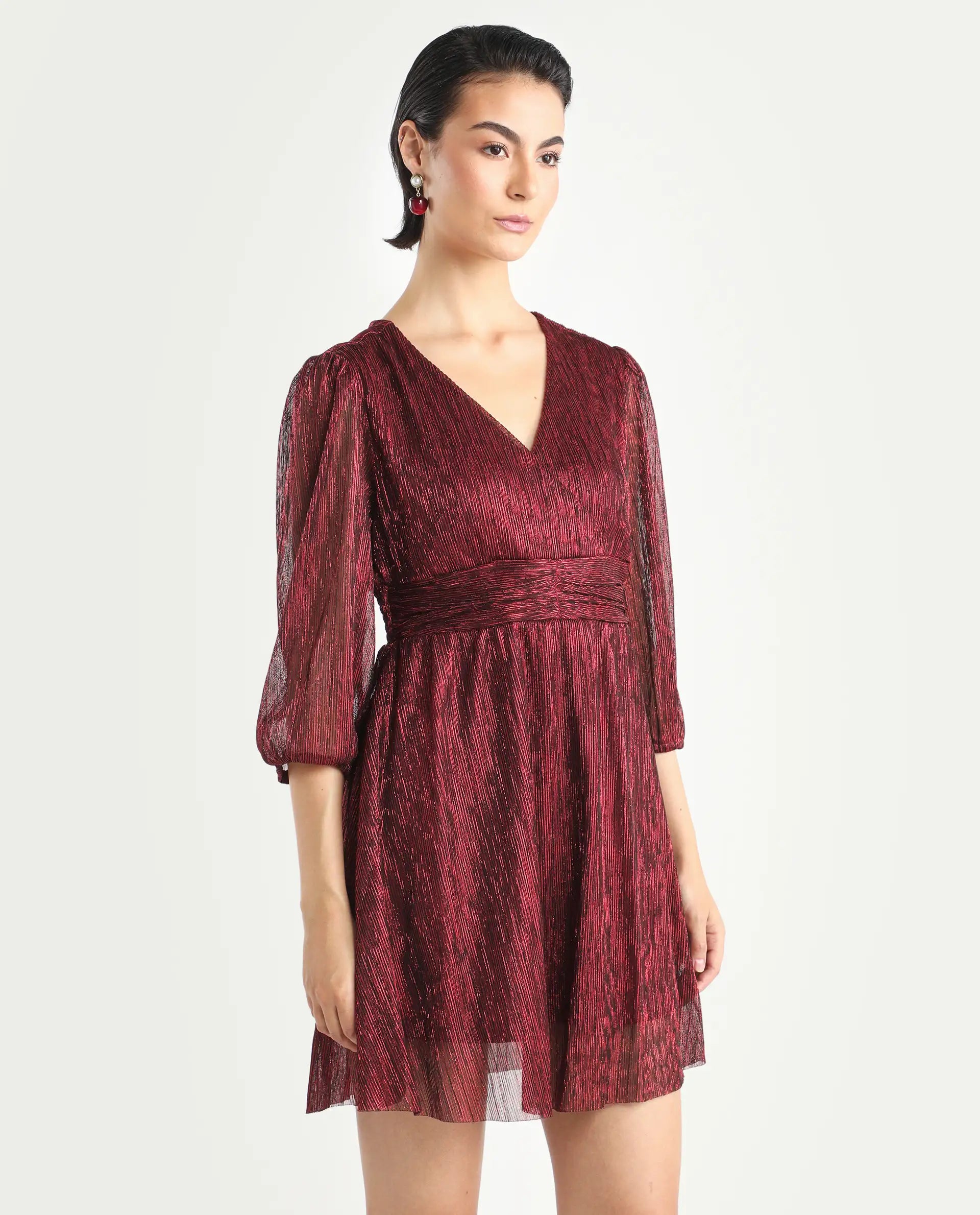 Rareism Women's Ravin Metalic Red Polyester Collarless Floral Print Balloon Sleeve Mini Fit And Flare Dress