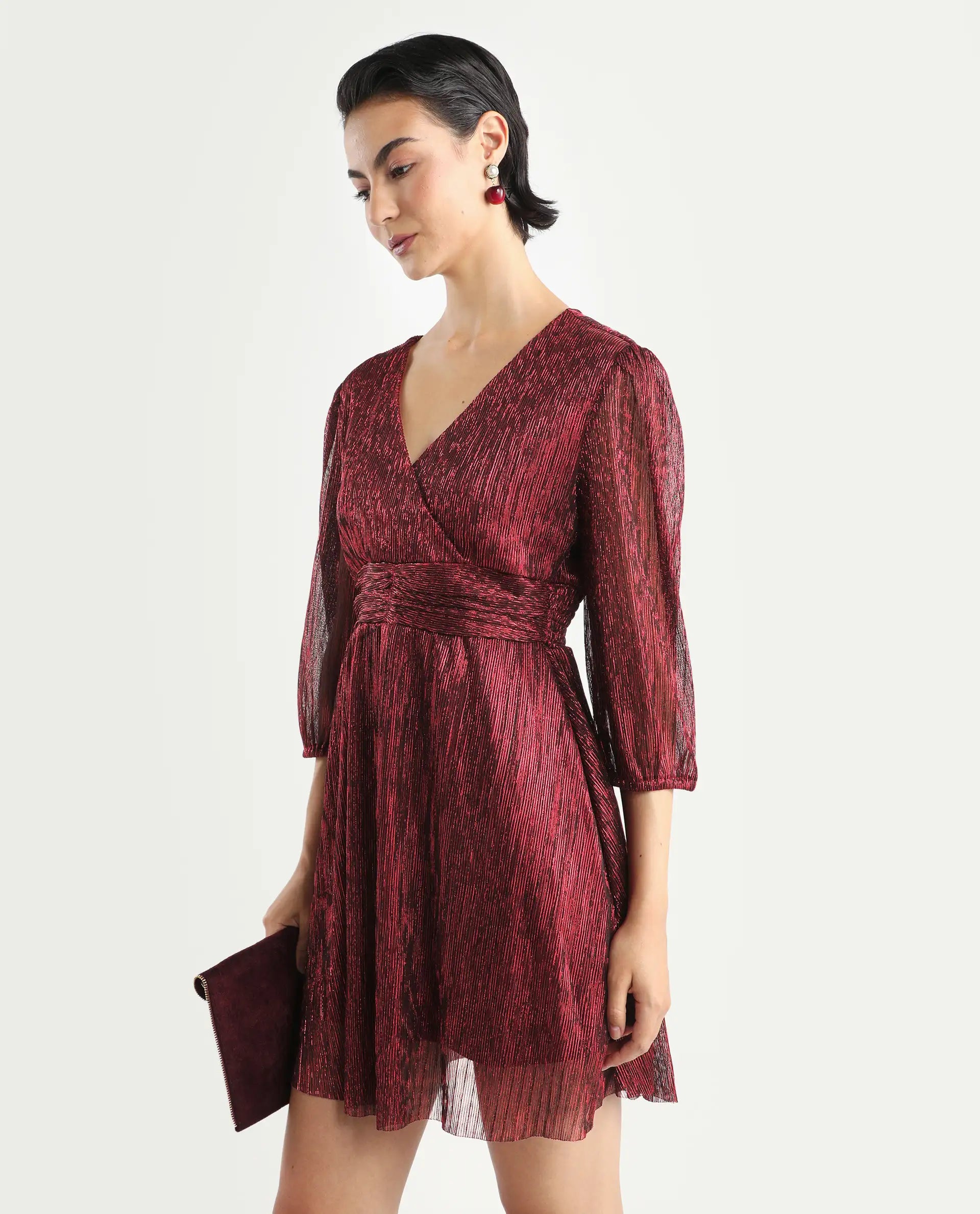 Rareism Women's Ravin Metalic Red Polyester Collarless Floral Print Balloon Sleeve Mini Fit And Flare Dress