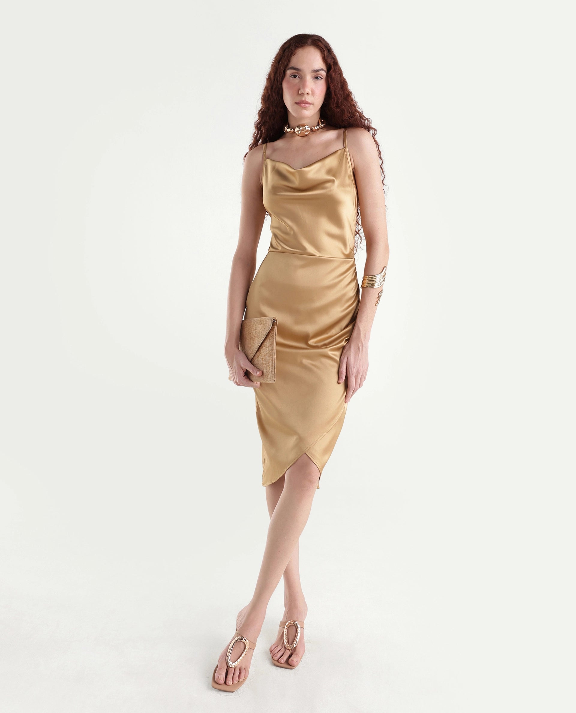 Rareism Women's Rilu Sheen Gold Polyester Blend Cowl Neck Plain Shoulder Strap Knee Length Regular Fit Dress