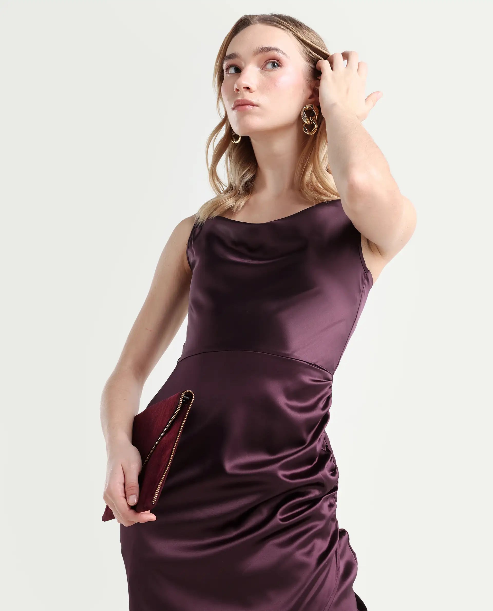 Rareism Women's Rilu Sheen Maroon Polyester Blend Cowl Neck Plain Shoulder Strap Knee Length Regular Fit Dress