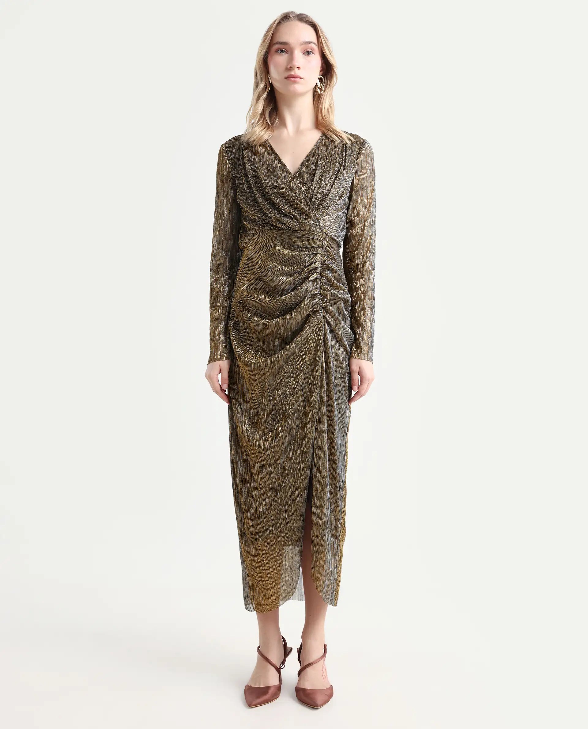 Rareism Women's Siga Metalic Gold Polyester Blend Collarless Shimmer Maxi Regular Fit Dress