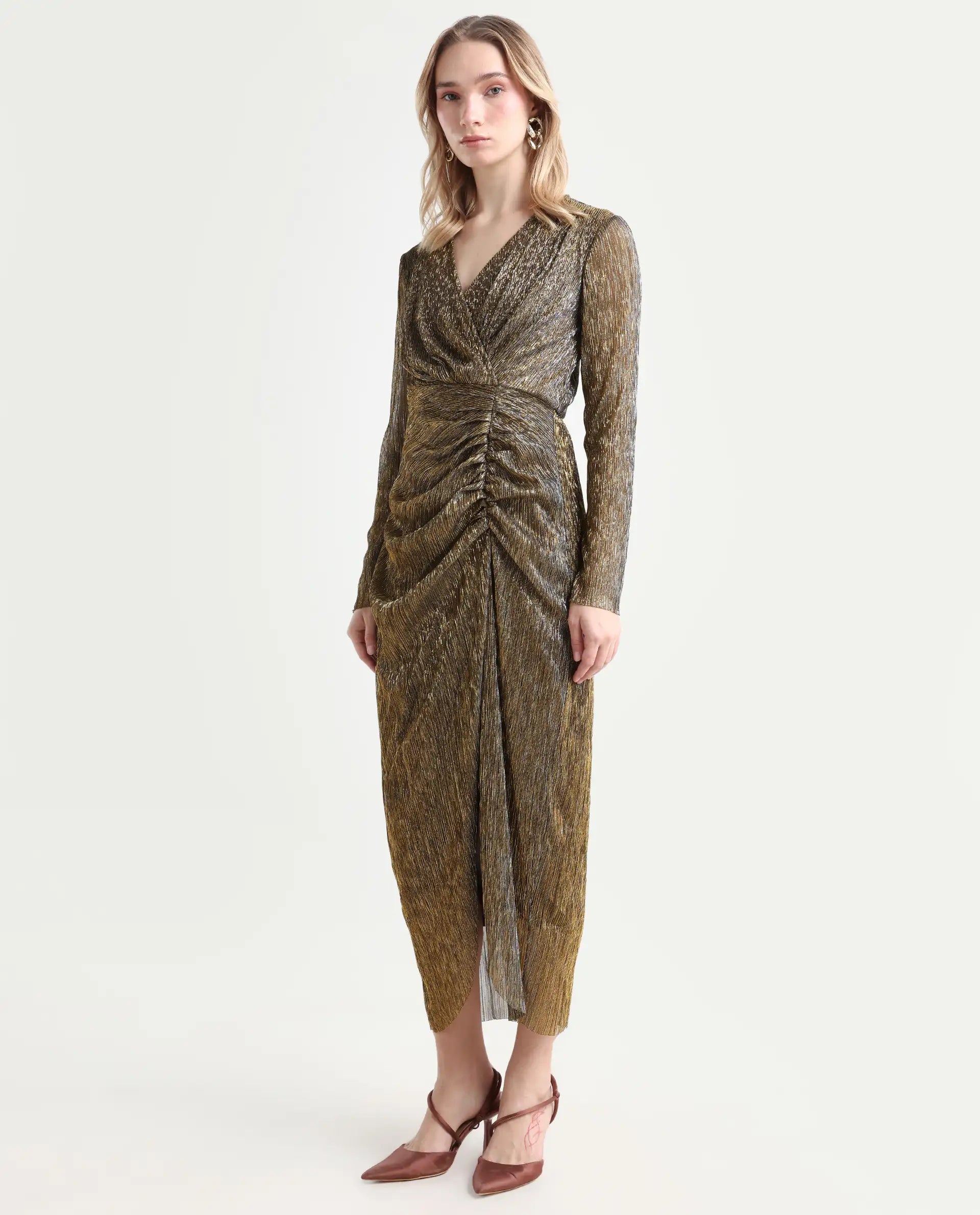 Rareism Women's Siga Metalic Gold Polyester Blend Collarless Shimmer Maxi Regular Fit Dress