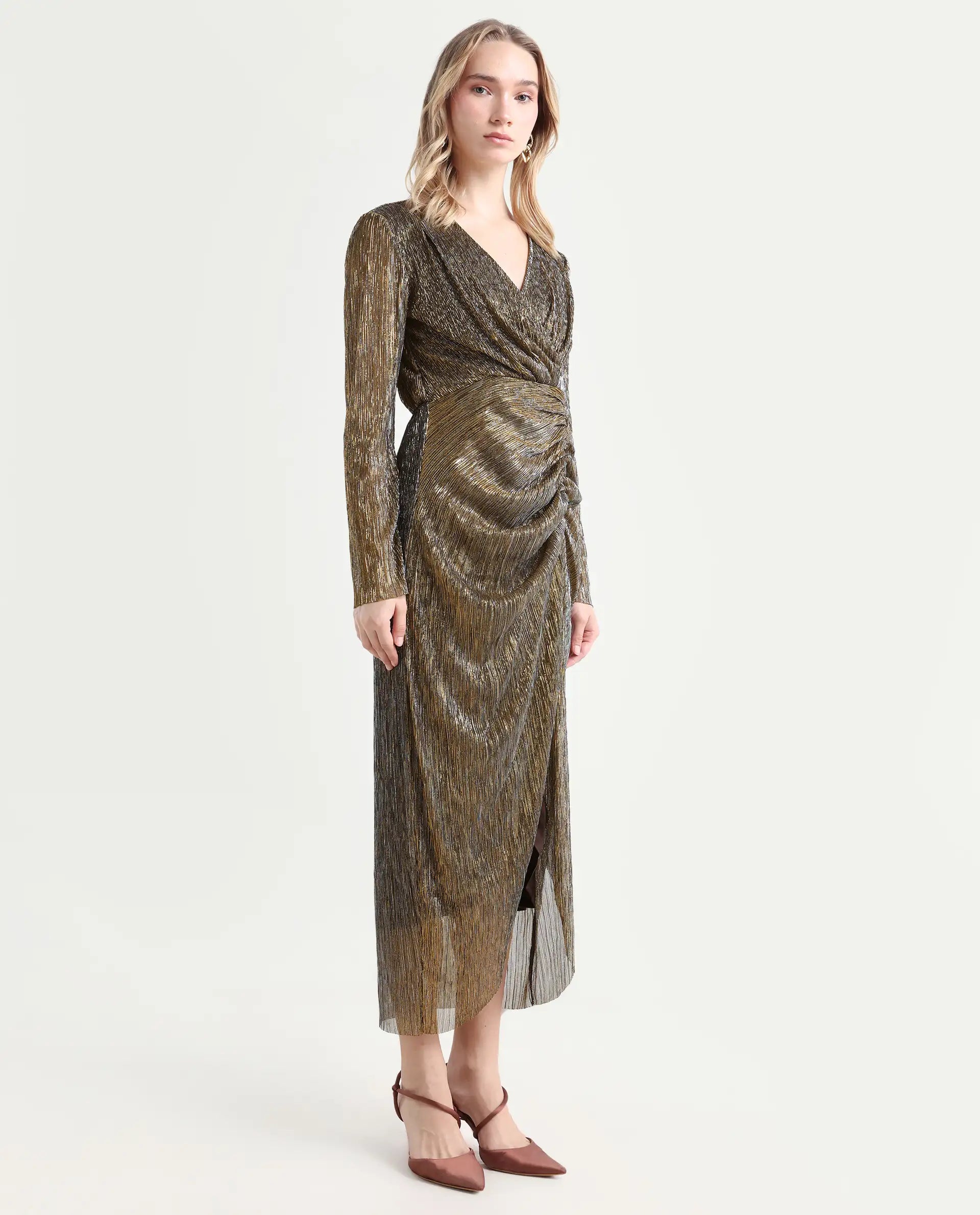 Rareism Women's Siga Metalic Gold Polyester Blend Collarless Shimmer Maxi Regular Fit Dress