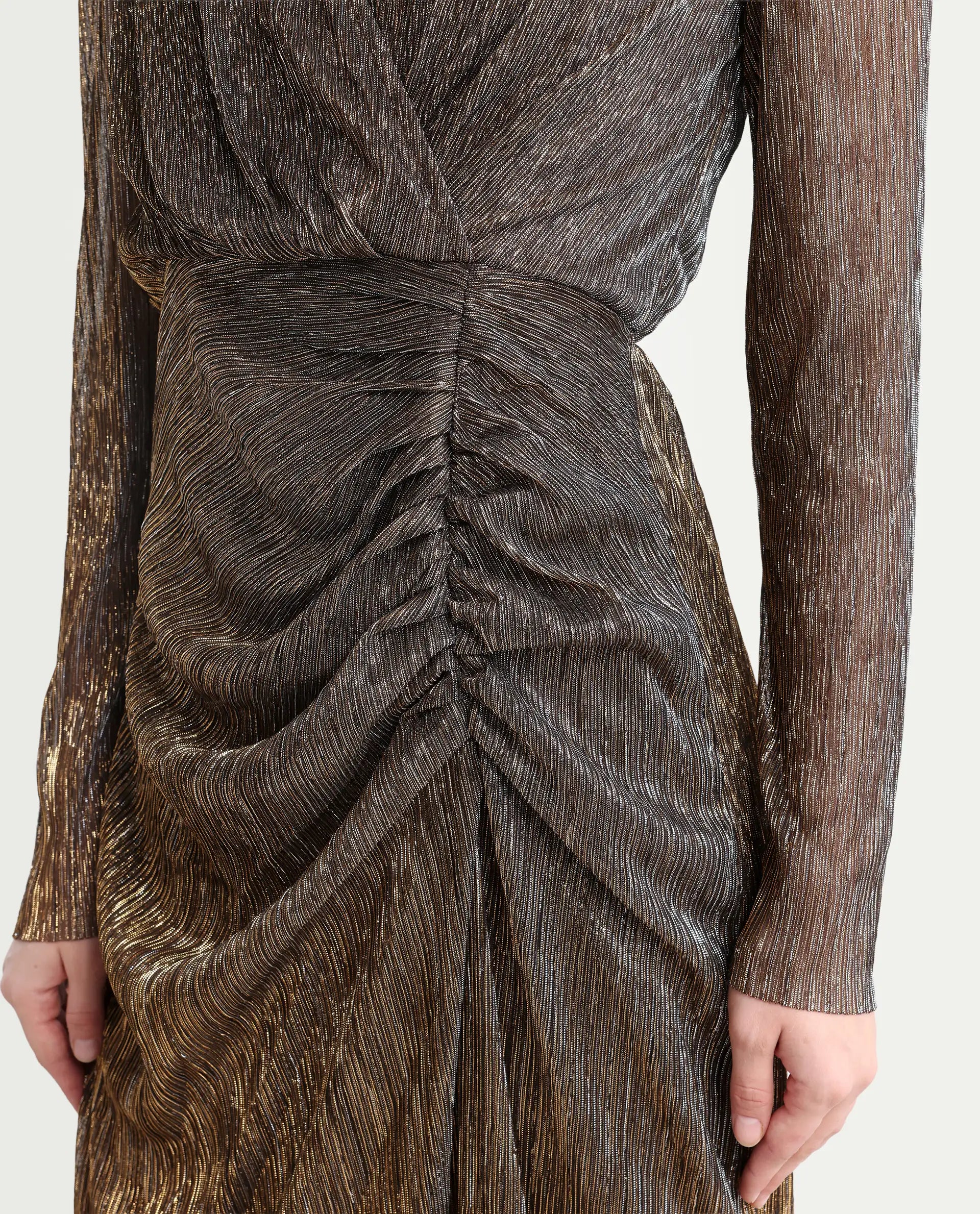 Rareism Women's Siga Metalic Gold Polyester Blend Collarless Shimmer Maxi Regular Fit Dress