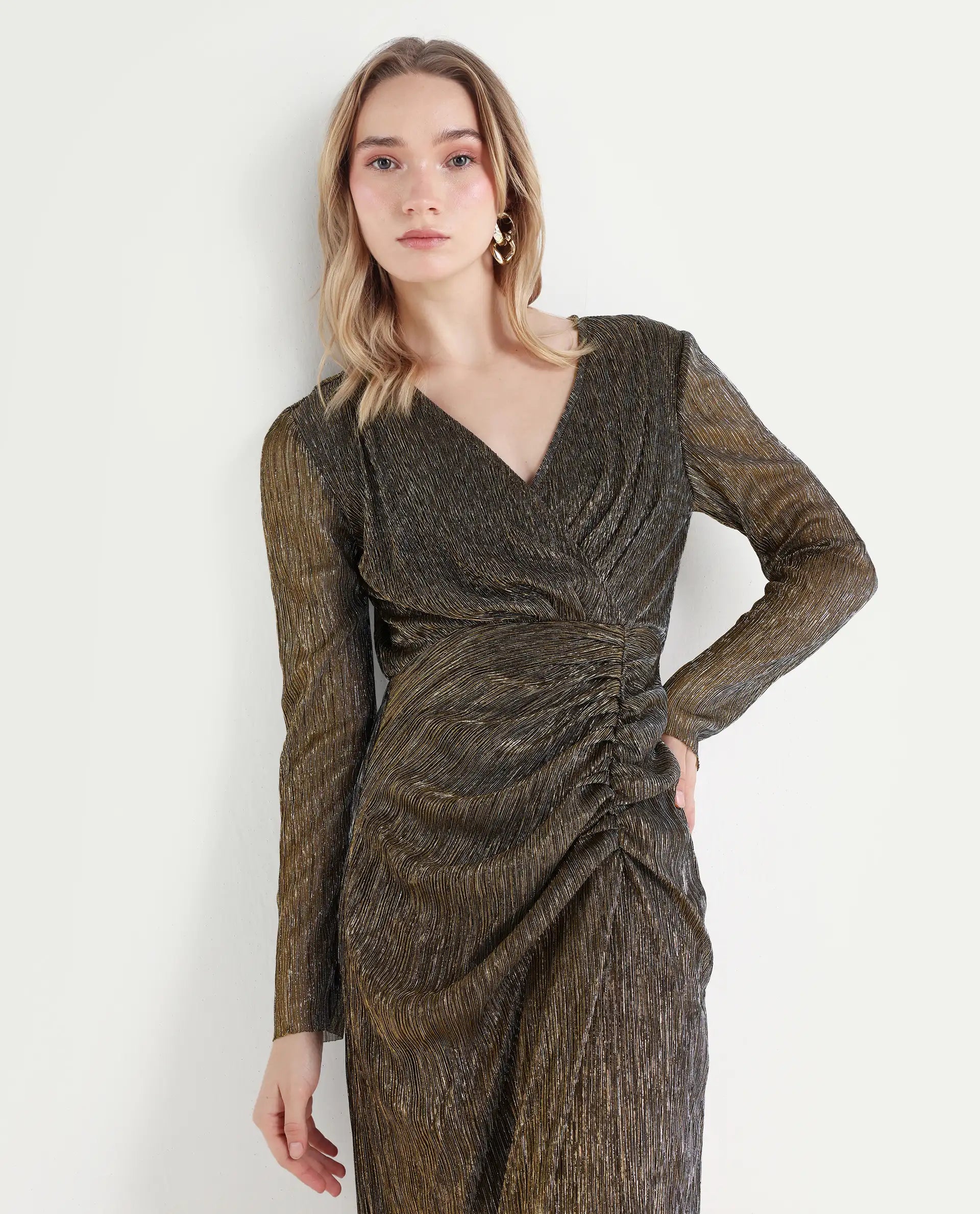 Rareism Women's Siga Metalic Gold Polyester Blend Collarless Shimmer Maxi Regular Fit Dress