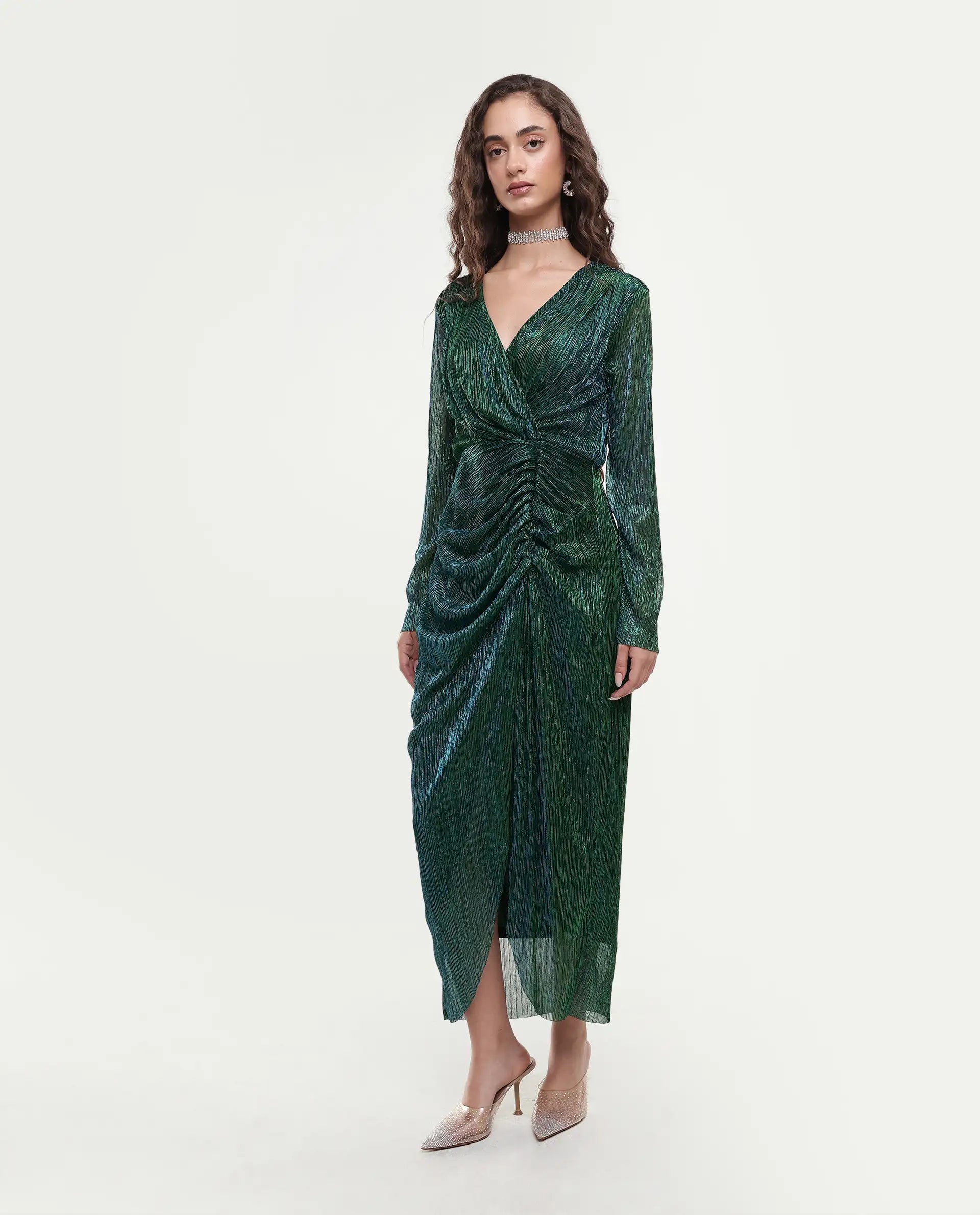 Rareism Women's Siga Metalic Green Polyester Blend V-Neck Shimmer Maxi Dress