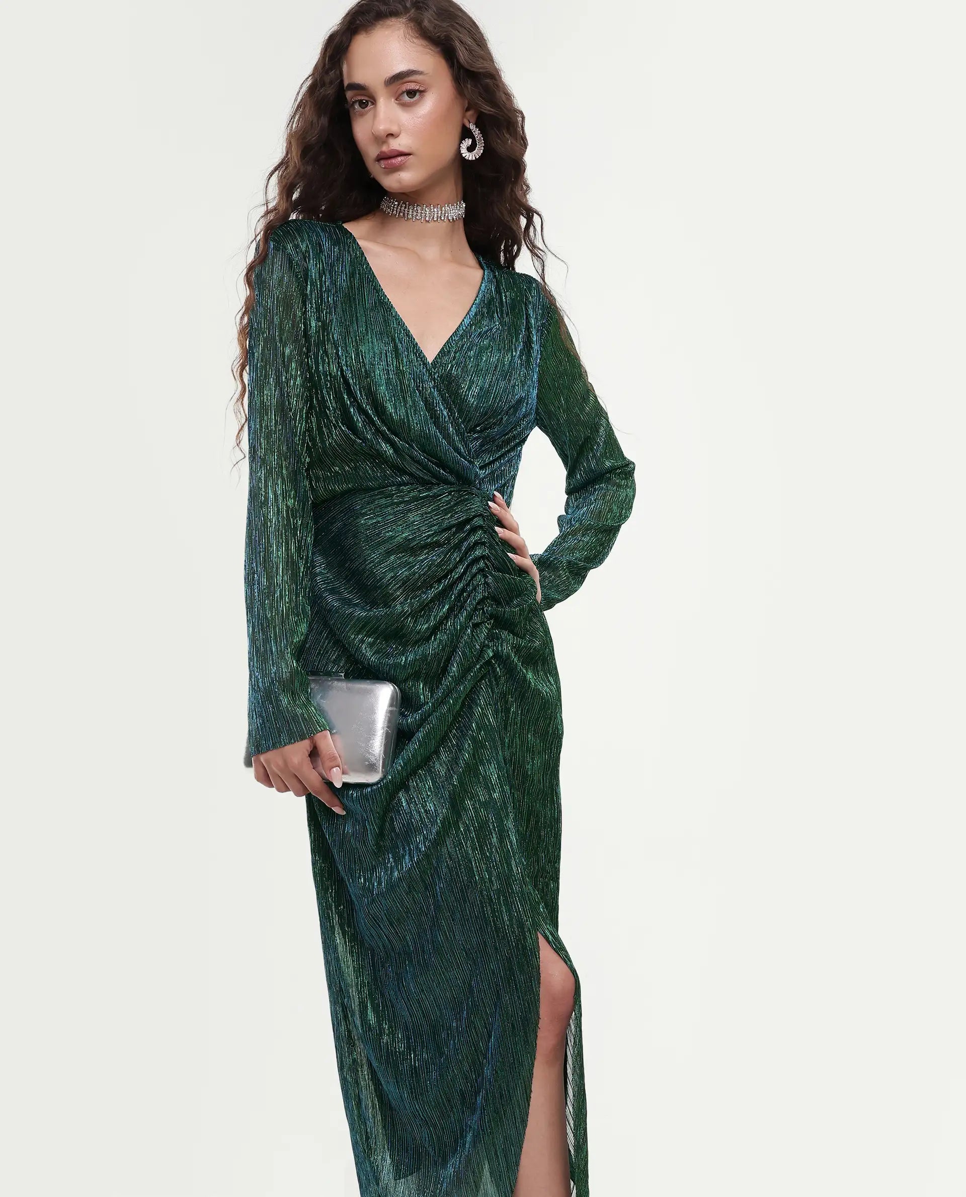 Rareism Women's Siga Metalic Green Polyester Blend V-Neck Shimmer Maxi Dress