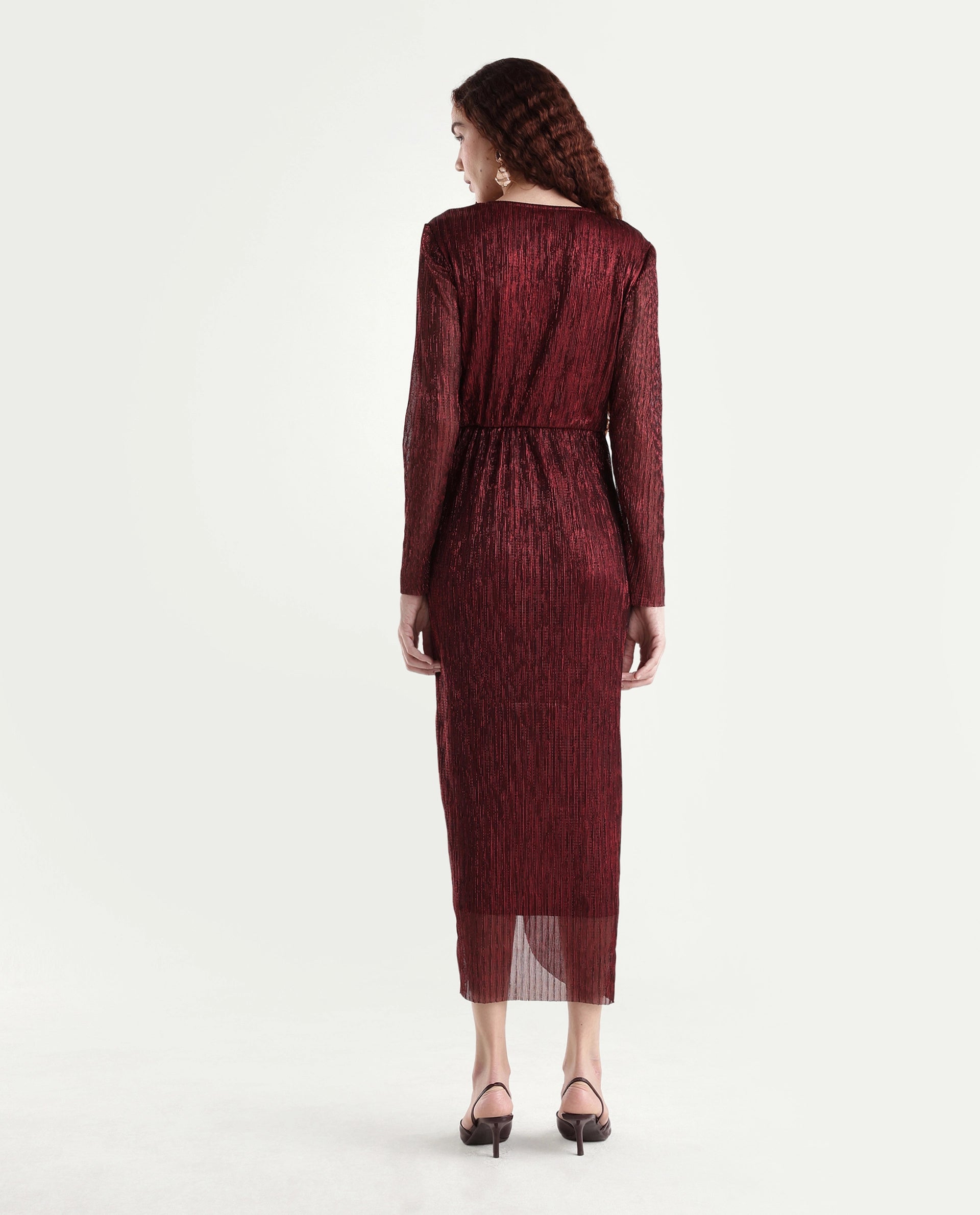 Rareism Women's Siga Metalic Red Polyester Blend Collarless Shimmer Maxi Regular Fit Dress