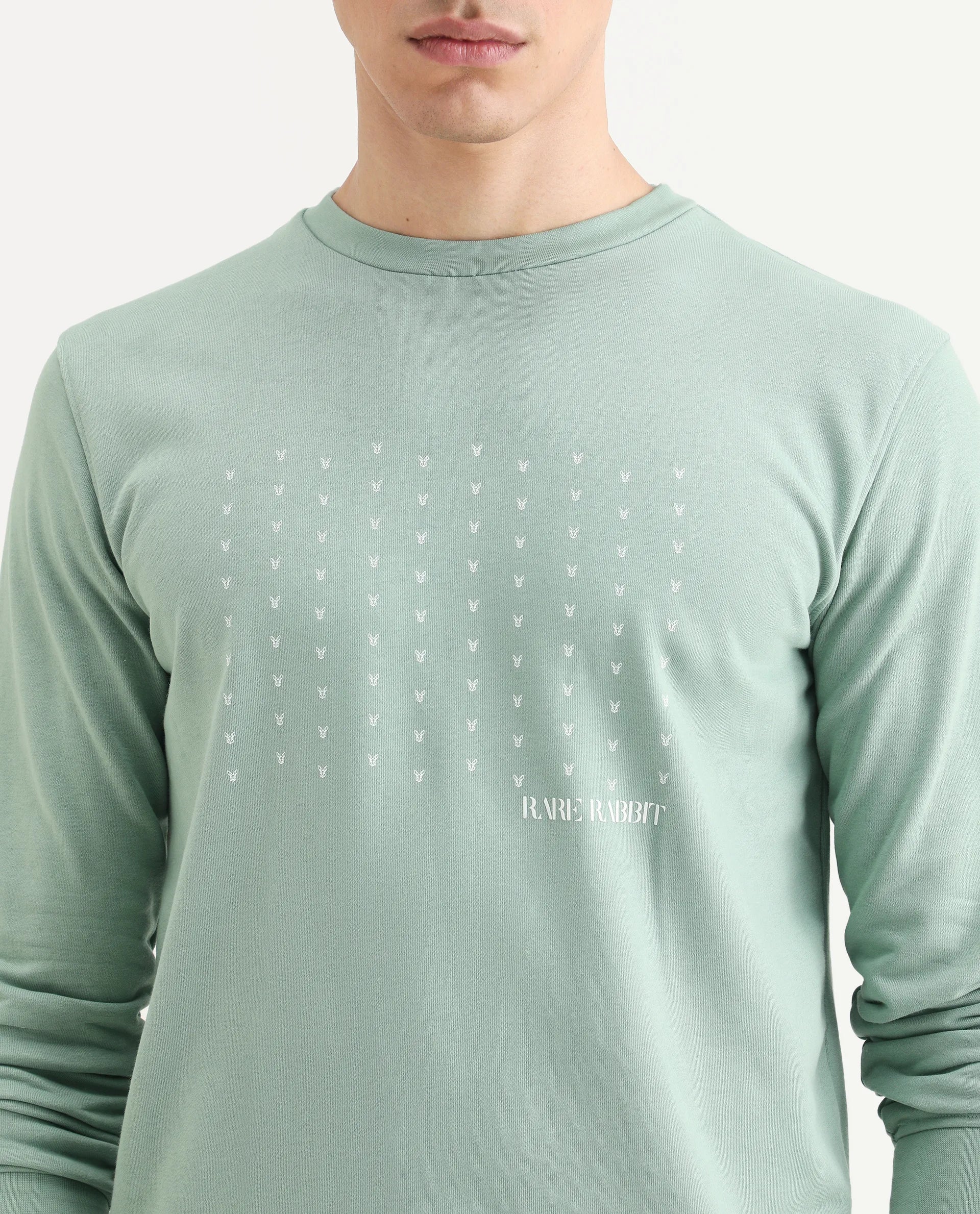 Rare Rabbit Men's Gale Green Cotton Graphic Print Regular Fit Full Sleeve Crew Neck Sweatshirt