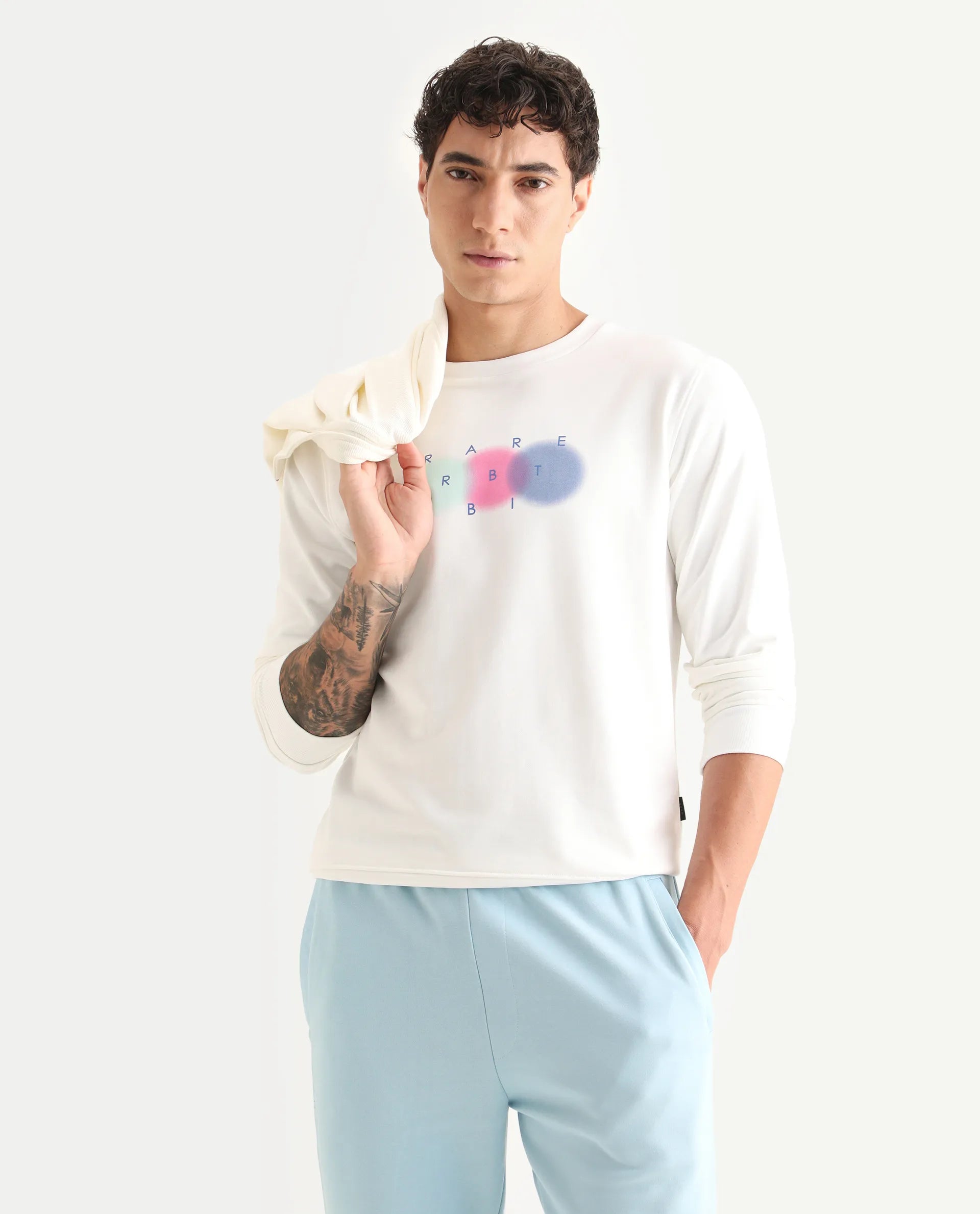 Rare Rabbit Men's Saul White Cotton Graphic Print Relaxed Fit Full Sleeve Crew Neck Sweatshirt