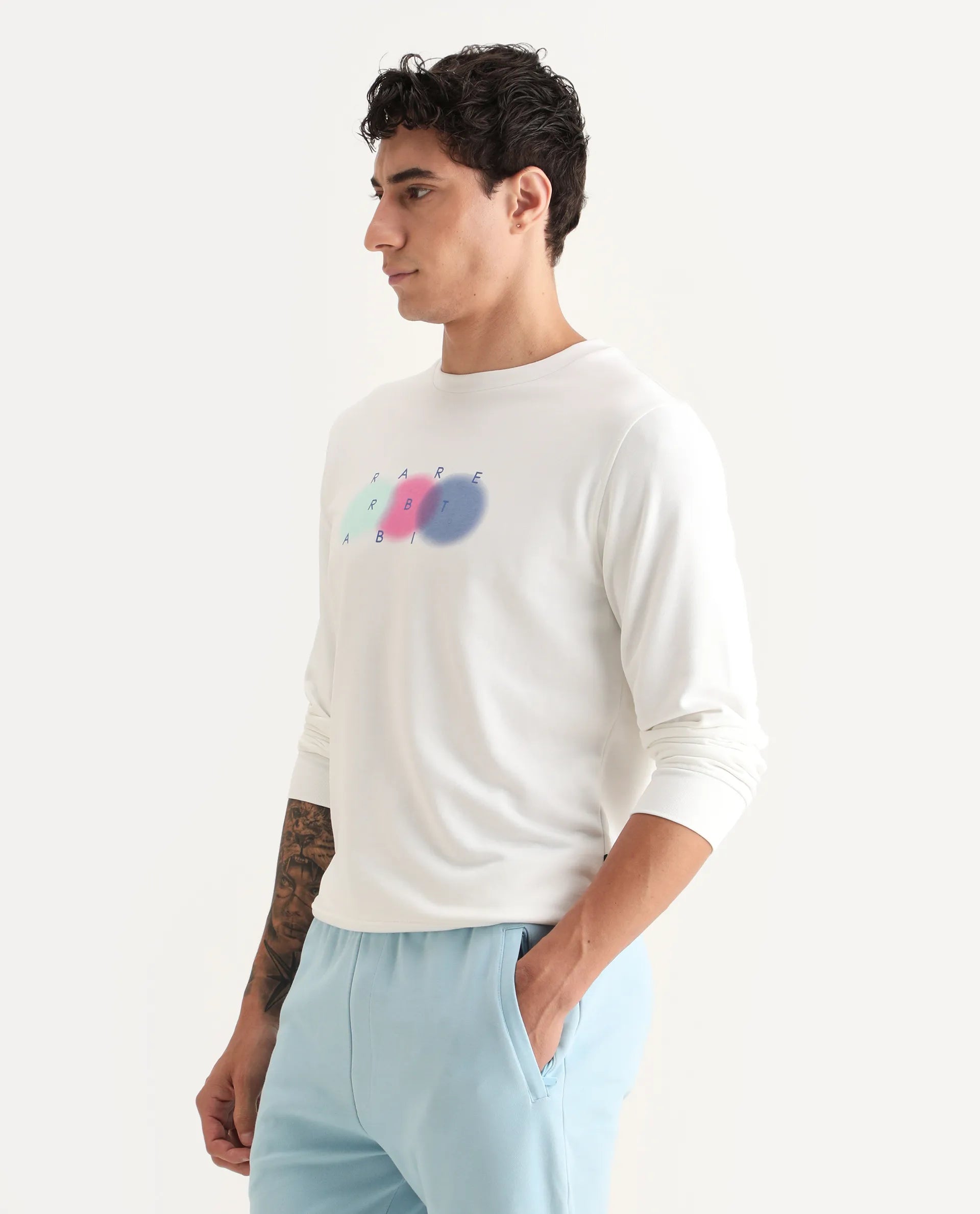 Rare Rabbit Men's Saul White Cotton Graphic Print Relaxed Fit Full Sleeve Crew Neck Sweatshirt