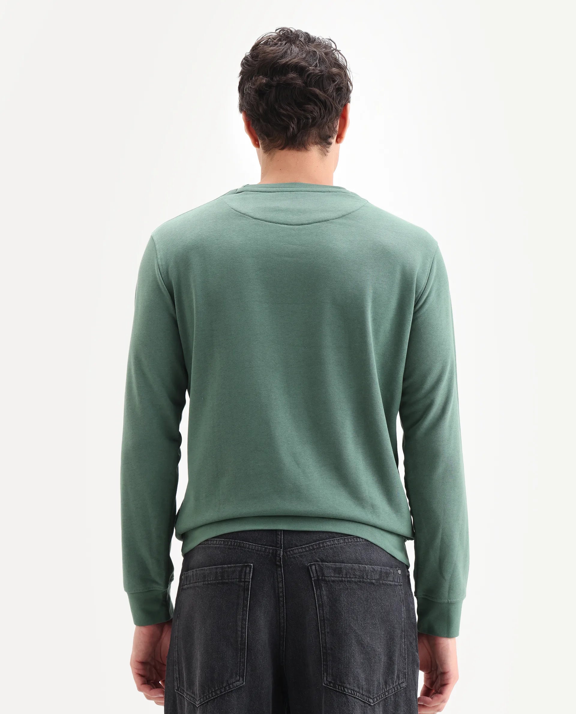 Rare Rabbit Men's Privett Green Cotton Color Block Relaxed Fit Full Sleeve Crew Neck Sweatshirt