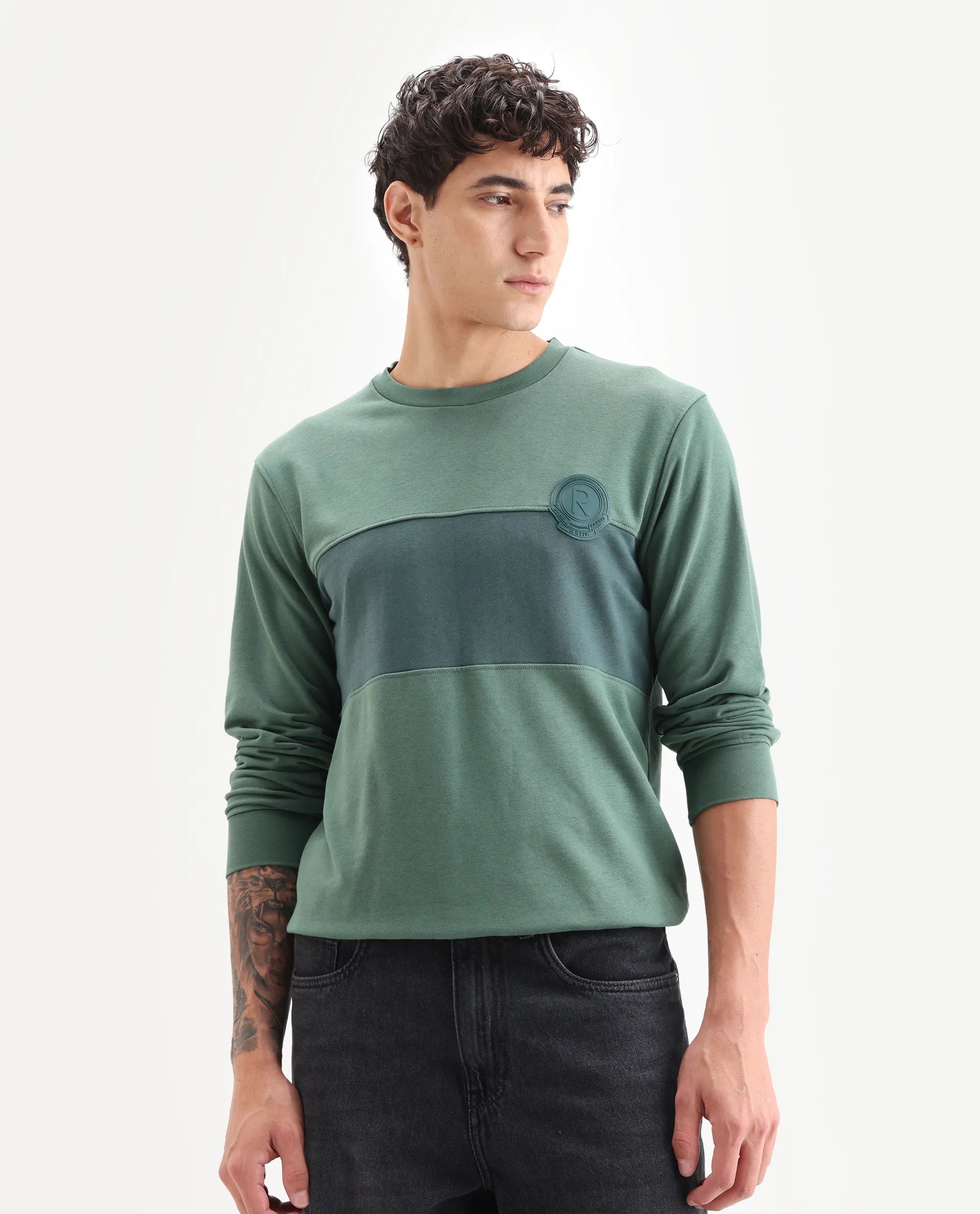 Rare Rabbit Men's Privett Green Cotton Color Block Relaxed Fit Full Sleeve Crew Neck Sweatshirt