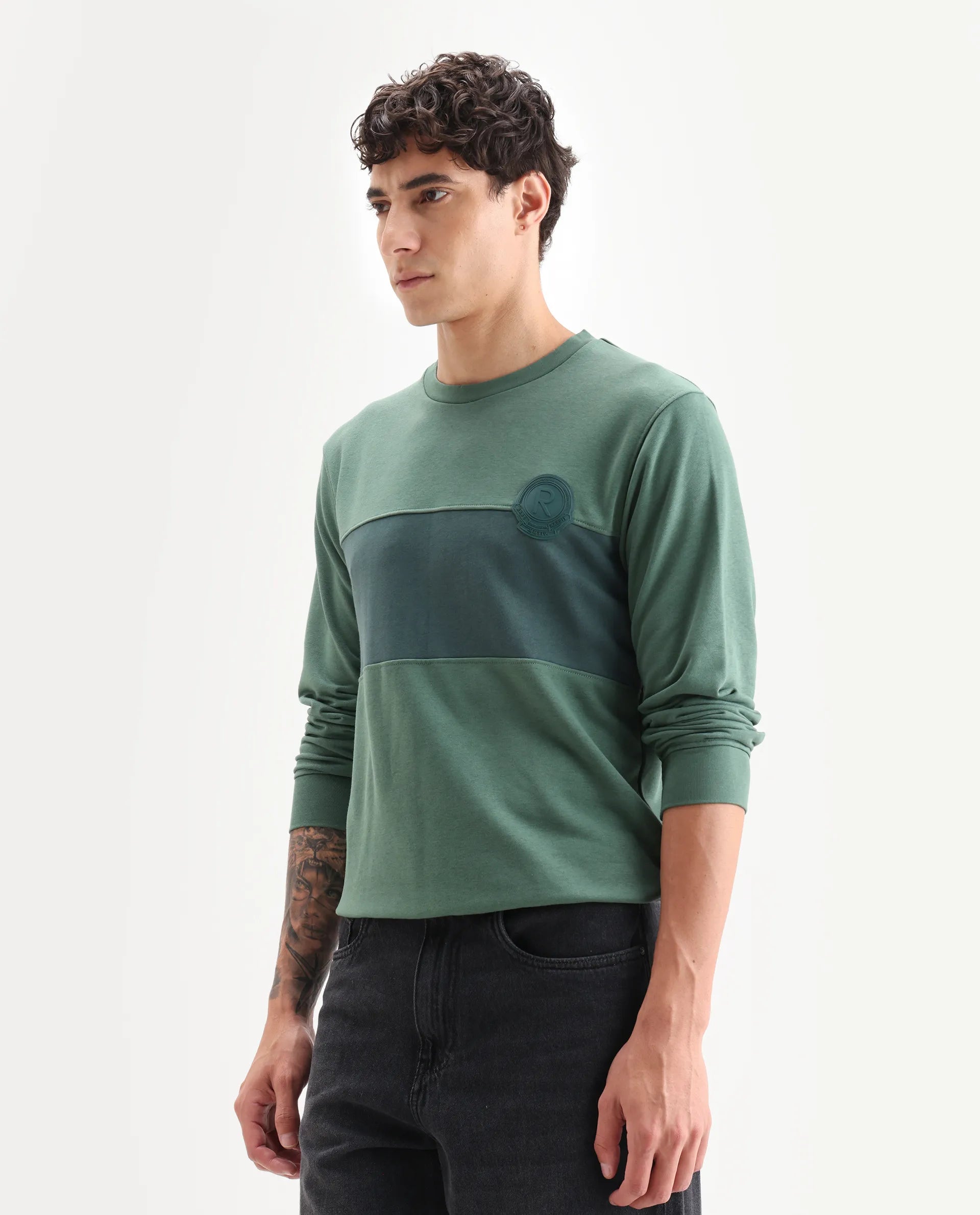 Rare Rabbit Men's Privett Green Cotton Color Block Relaxed Fit Full Sleeve Crew Neck Sweatshirt