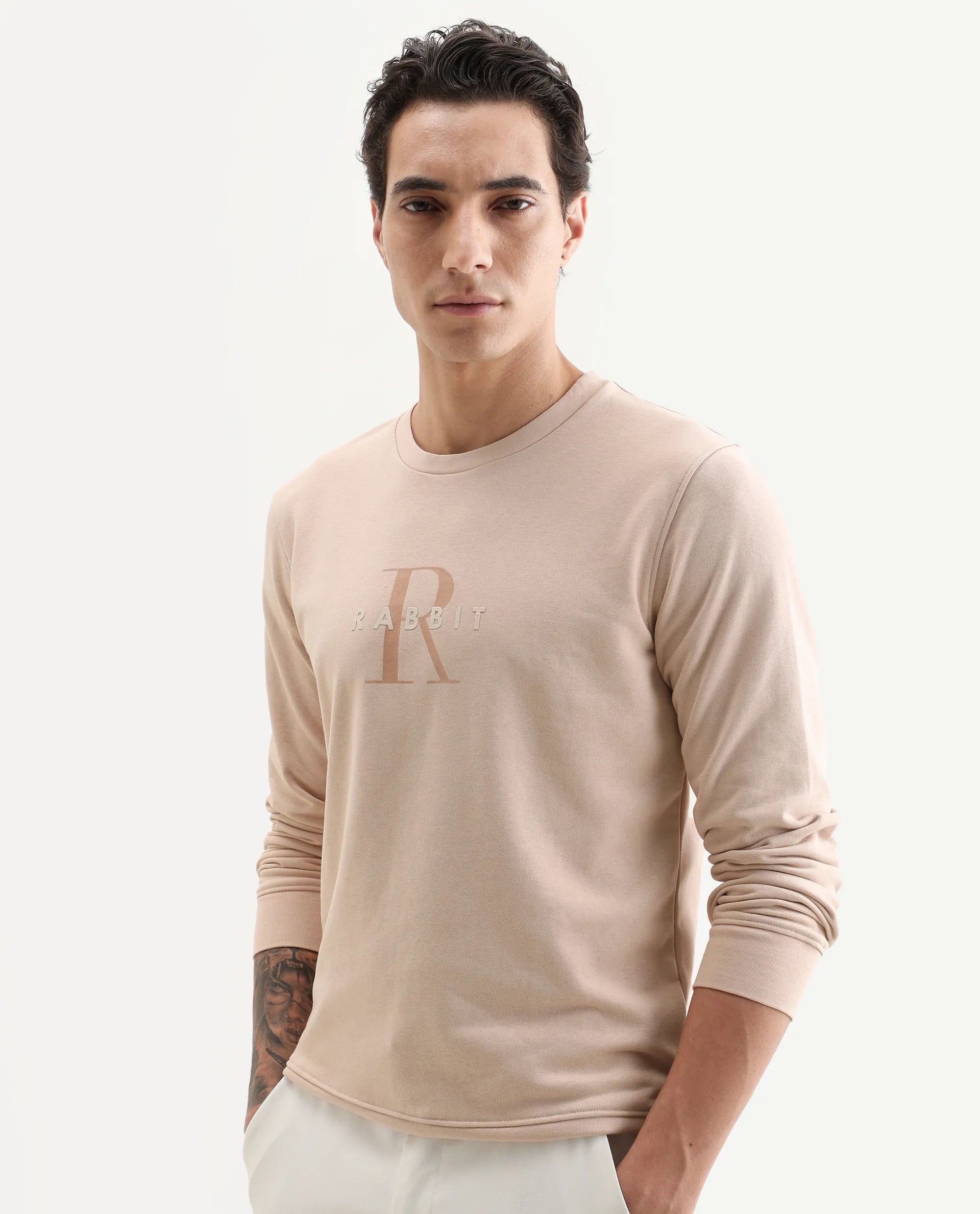 Rare Rabbit Men's Perez Peach Cotton Graphic Print Relaxed Fit Full Sleeve Crew Neck Sweatshirt