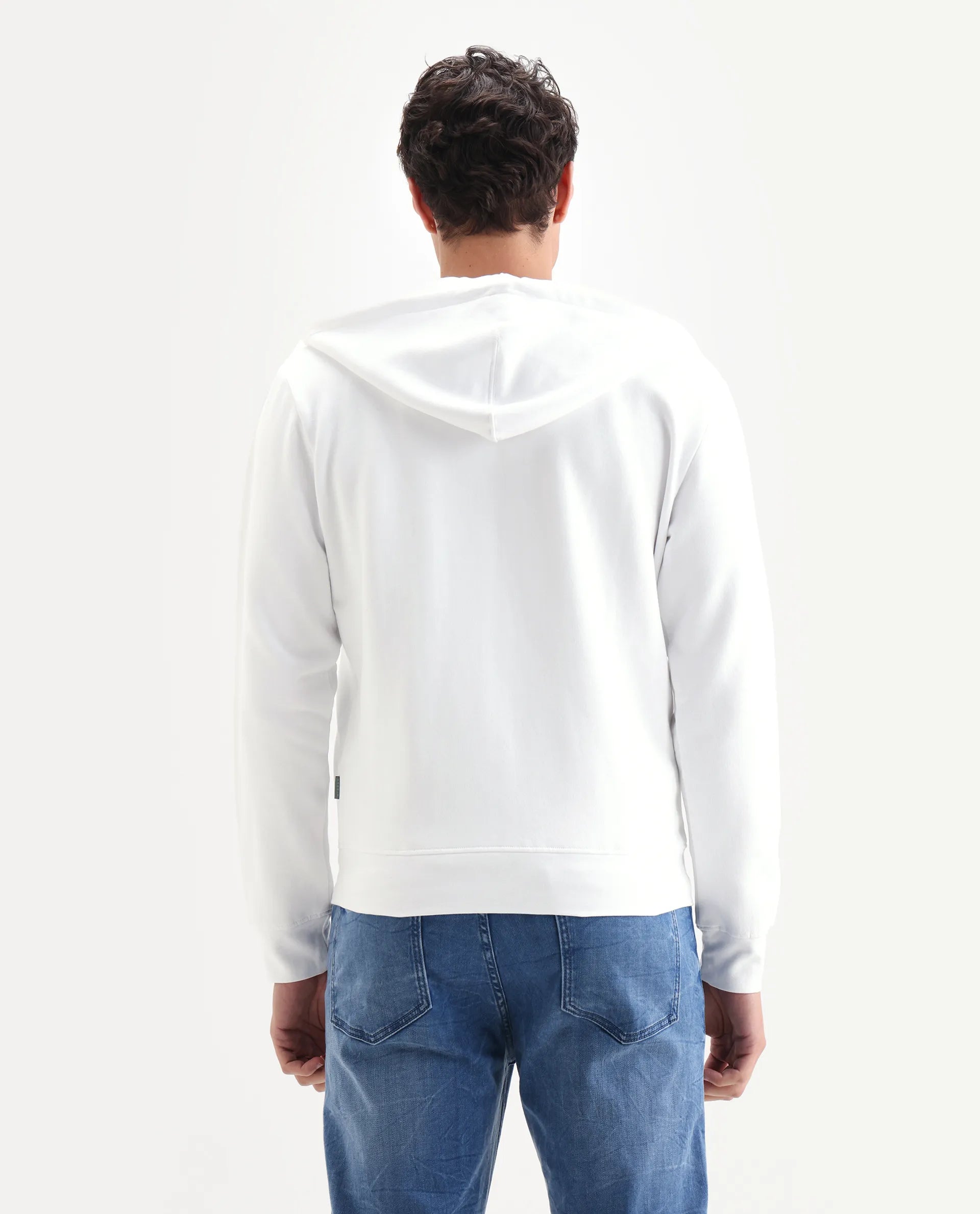 Rare Rabbit Men's Kaden White Cotton Graphic Print Regular Fit Full Sleeve Hooded Sweatshirt