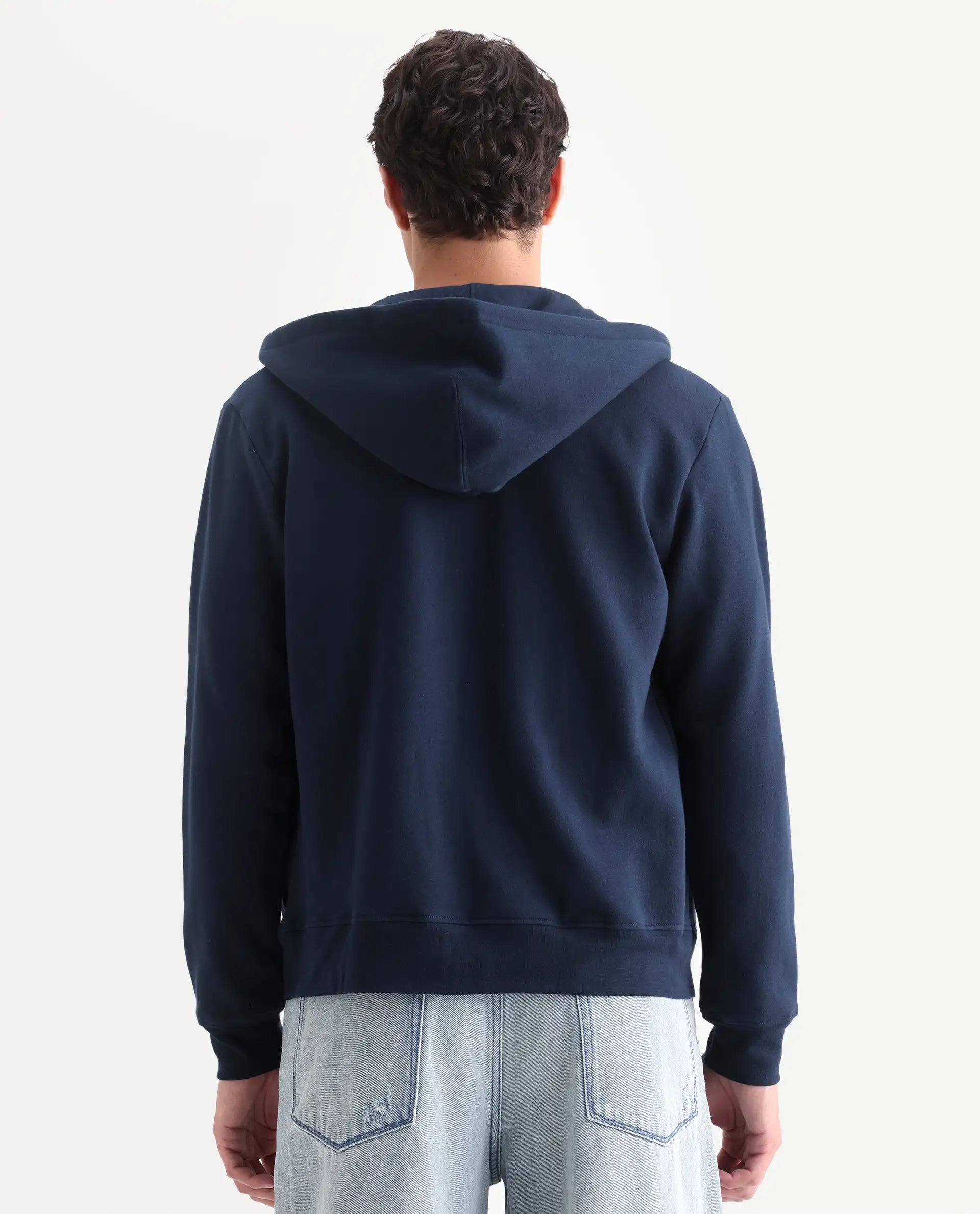 Rare Rabbit Men's Kaden Navy Cotton Graphic Print Regular Fit Full Sleeve Hooded Sweatshirt