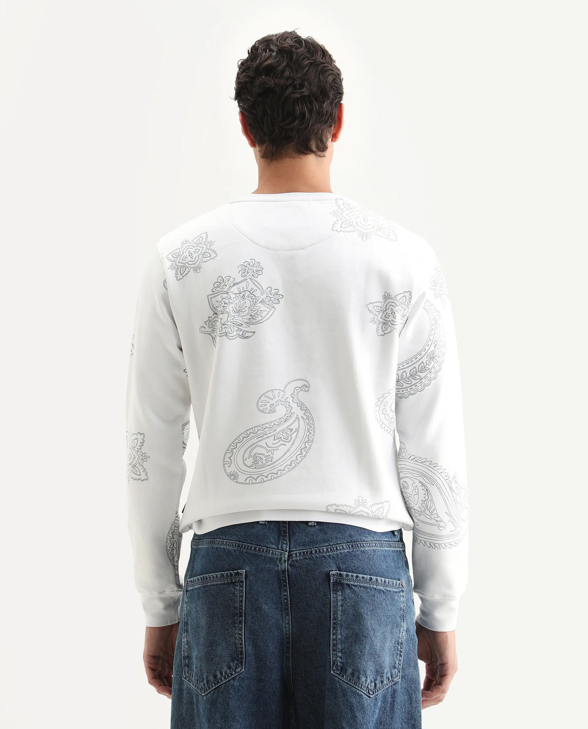 Rare Rabbit Men's Arloo White Cotton Paisley Print Regular Fit Full Sleeve Crew Neck Sweatshirt