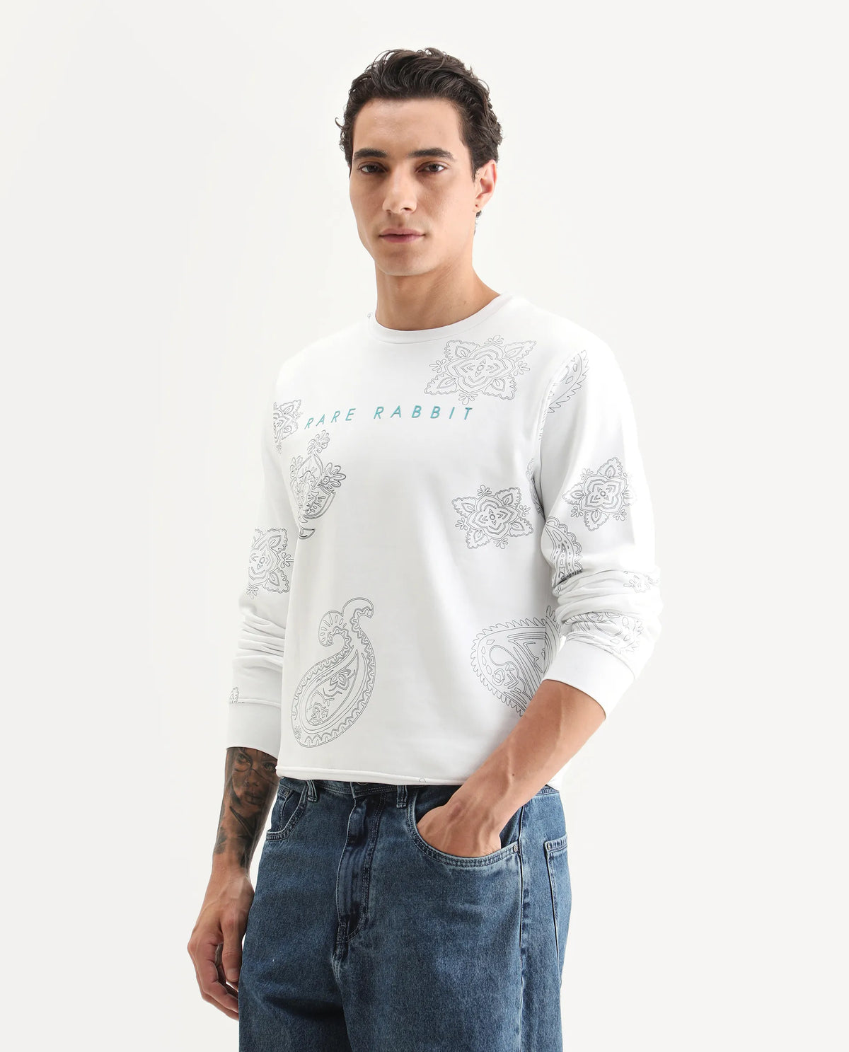 Rare Rabbit Men's Arloo White Cotton Paisley Print Regular Fit Full Sleeve Crew Neck Sweatshirt