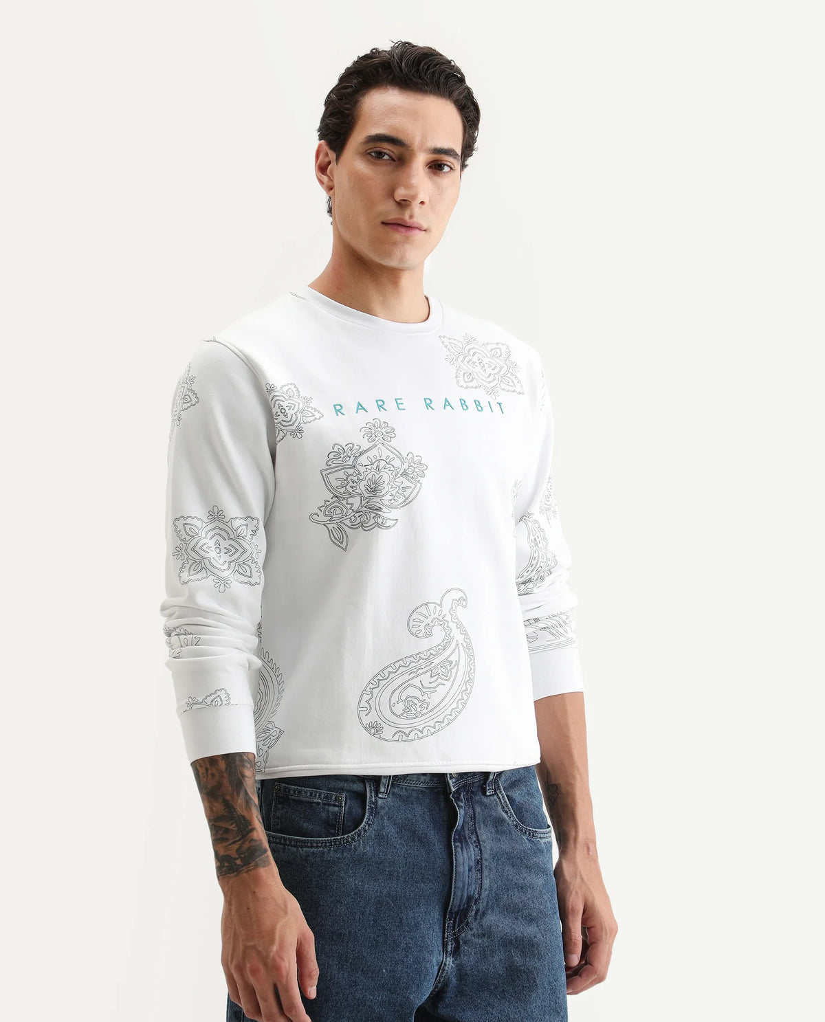 Rare Rabbit Men's Arloo White Cotton Paisley Print Regular Fit Full Sleeve Crew Neck Sweatshirt