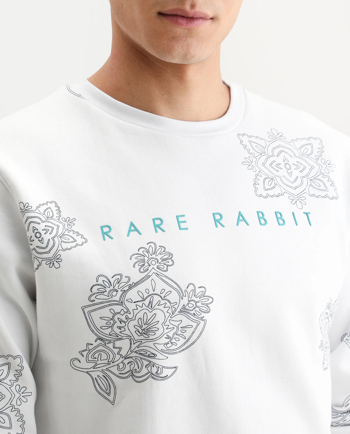 Rare Rabbit Men's Arloo White Cotton Paisley Print Regular Fit Full Sleeve Crew Neck Sweatshirt