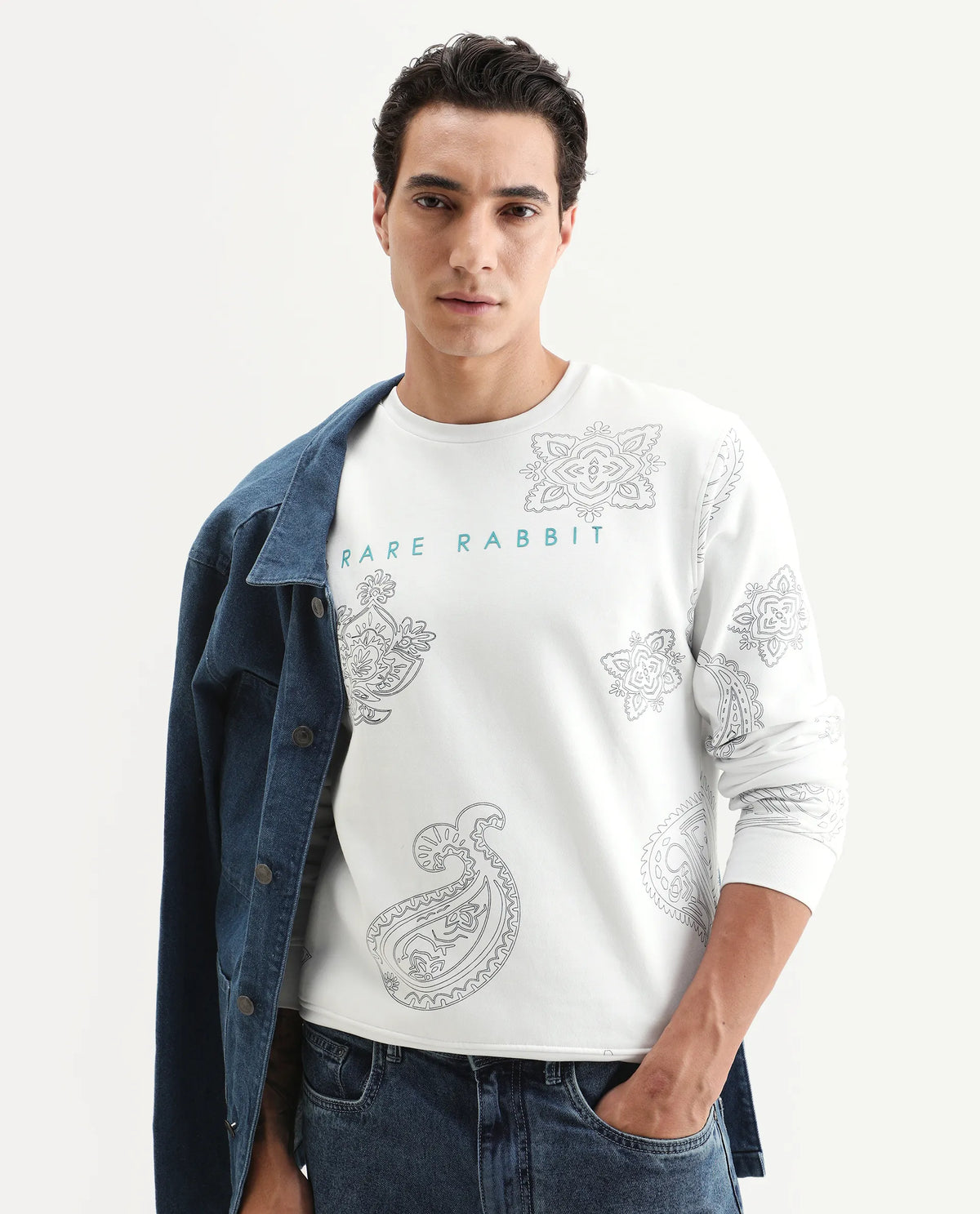 Rare Rabbit Men's Arloo White Cotton Paisley Print Regular Fit Full Sleeve Crew Neck Sweatshirt