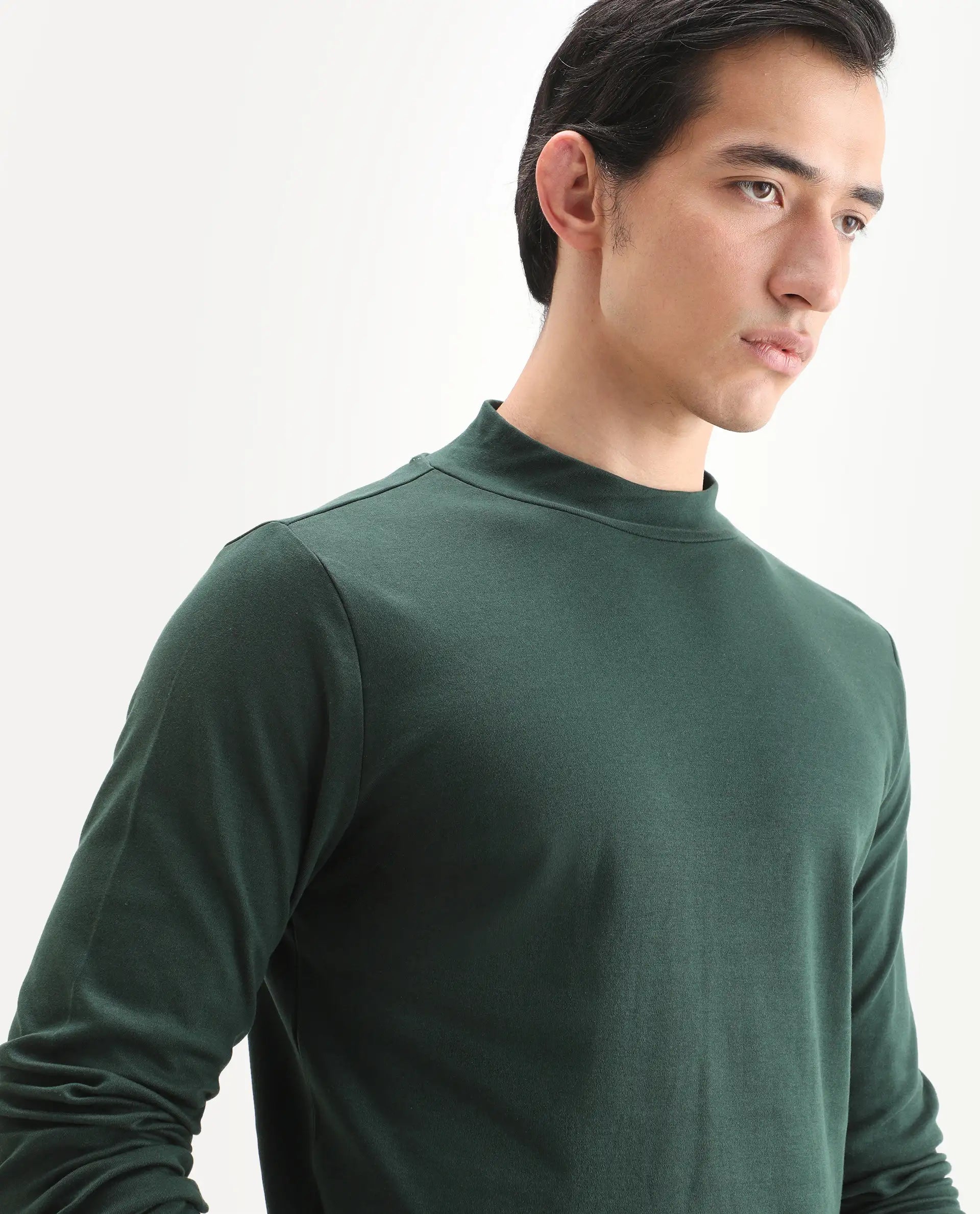 Rare Rabbit Men's Mania Green Cotton Plain Regular Fit Full Sleeve High Neck Sweatshirt
