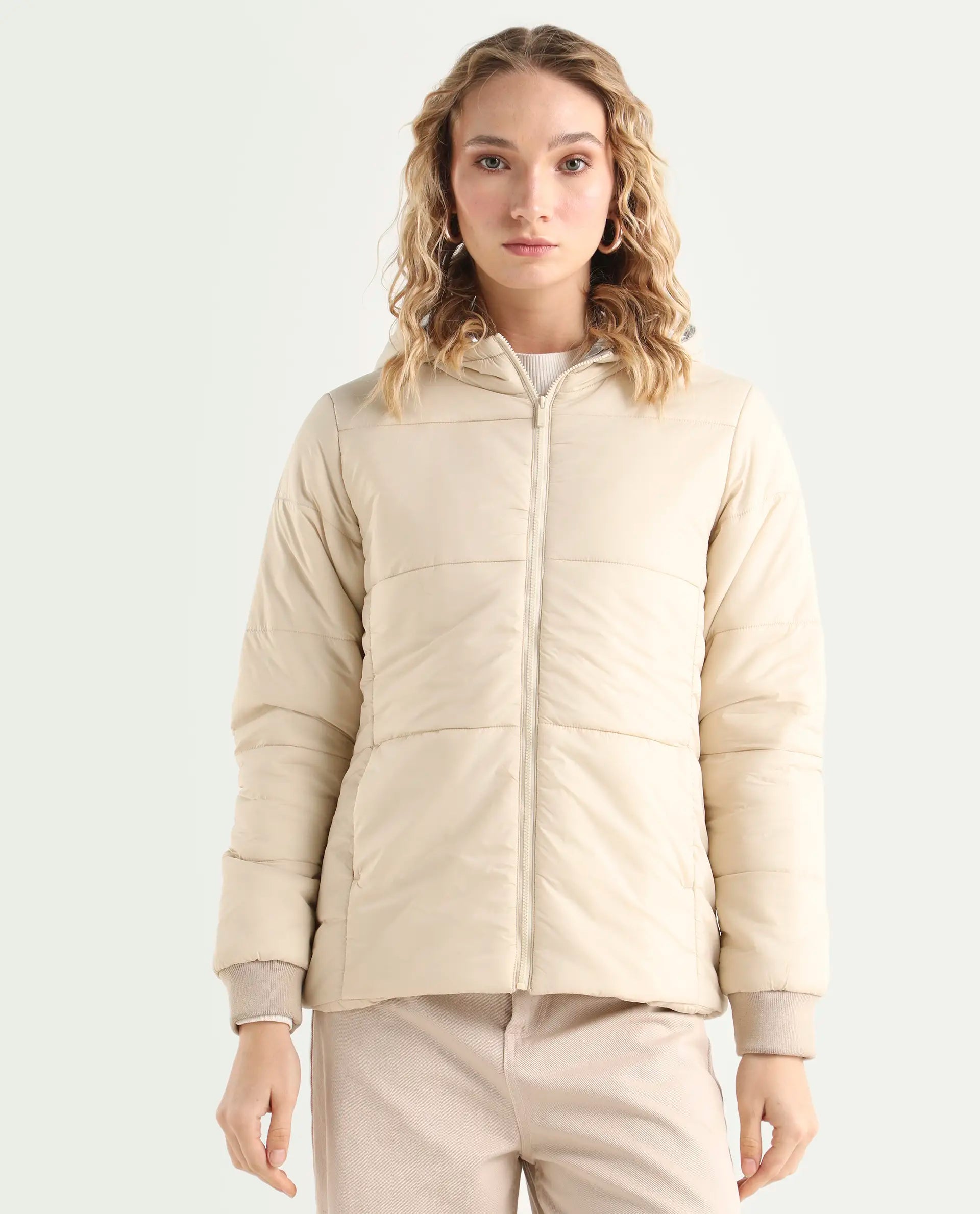 Rareism Women's Glasha Hls Beige Polyester Hooded Plain Regular Fit Jacket