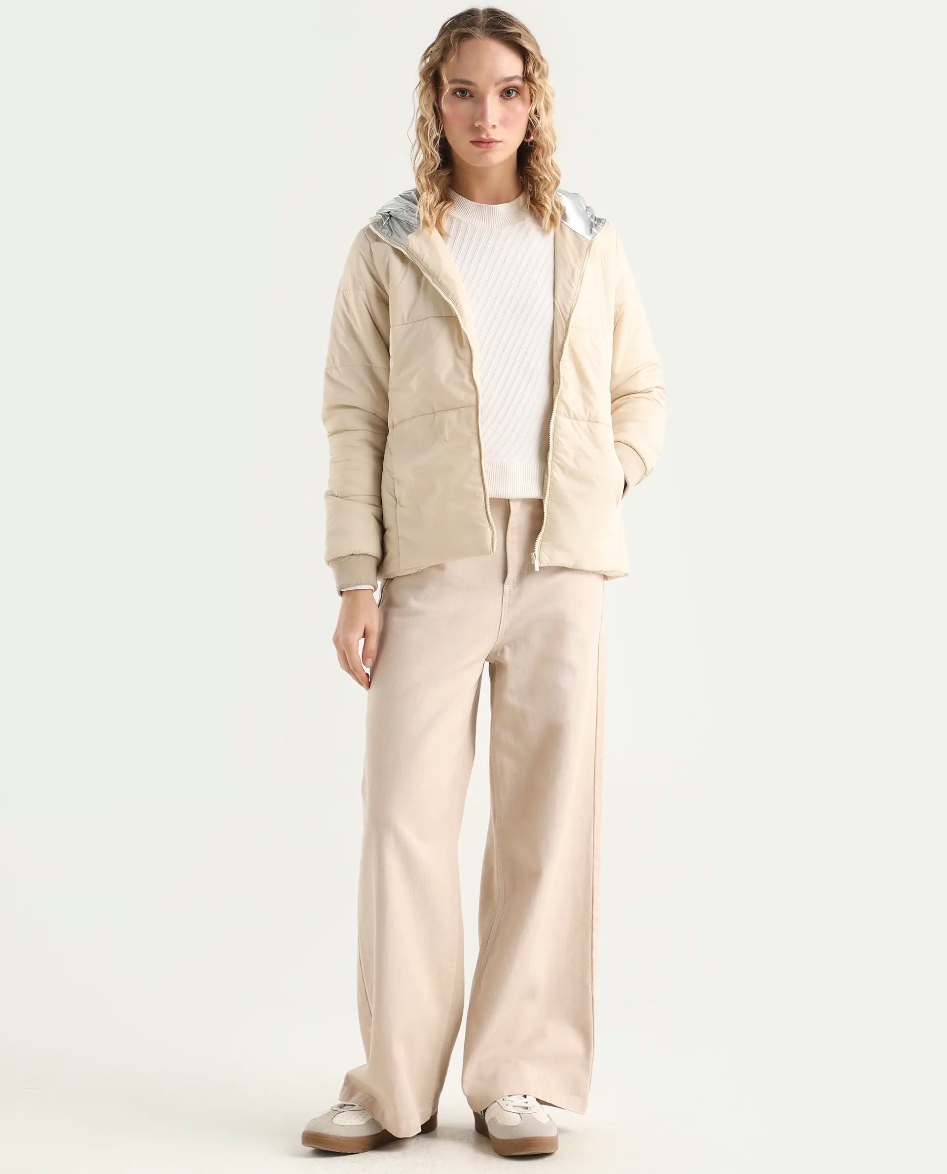 Rareism Women's Glasha Hls Beige Polyester Hooded Plain Regular Fit Jacket