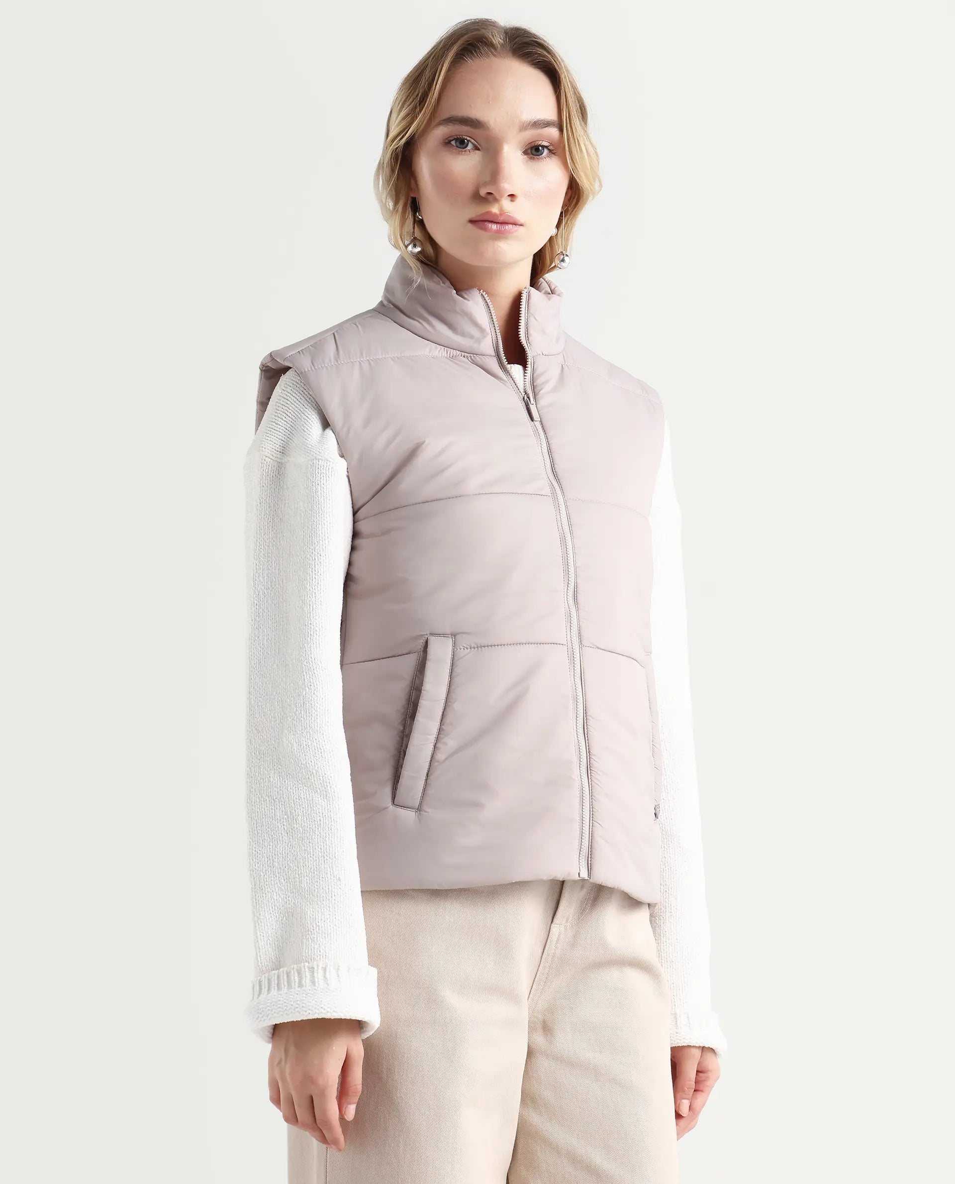 Rareism Women's Glasha Sl Silver Polyester High Neck Plain Sleeveless Regular Fit Jacket